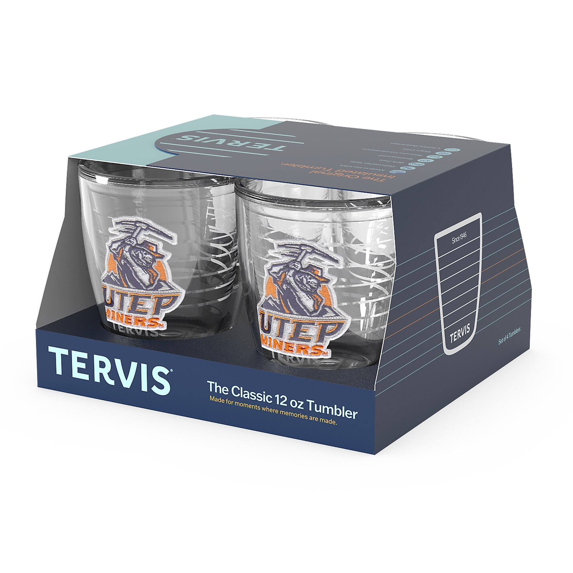 TERVIS  
AA FCd 6866 4 2 S UTEP DINERS  
TERVIS UTEP MINERS  
TERVIS The Classic Made for 12 moments where memories are made.  
TERVIS Tumbler Series  

TERVIS  
The Classic 12 oz Tumbler  
Made for moments where memories are made.  

Size 8.5 oz  
Sold in Tumbler