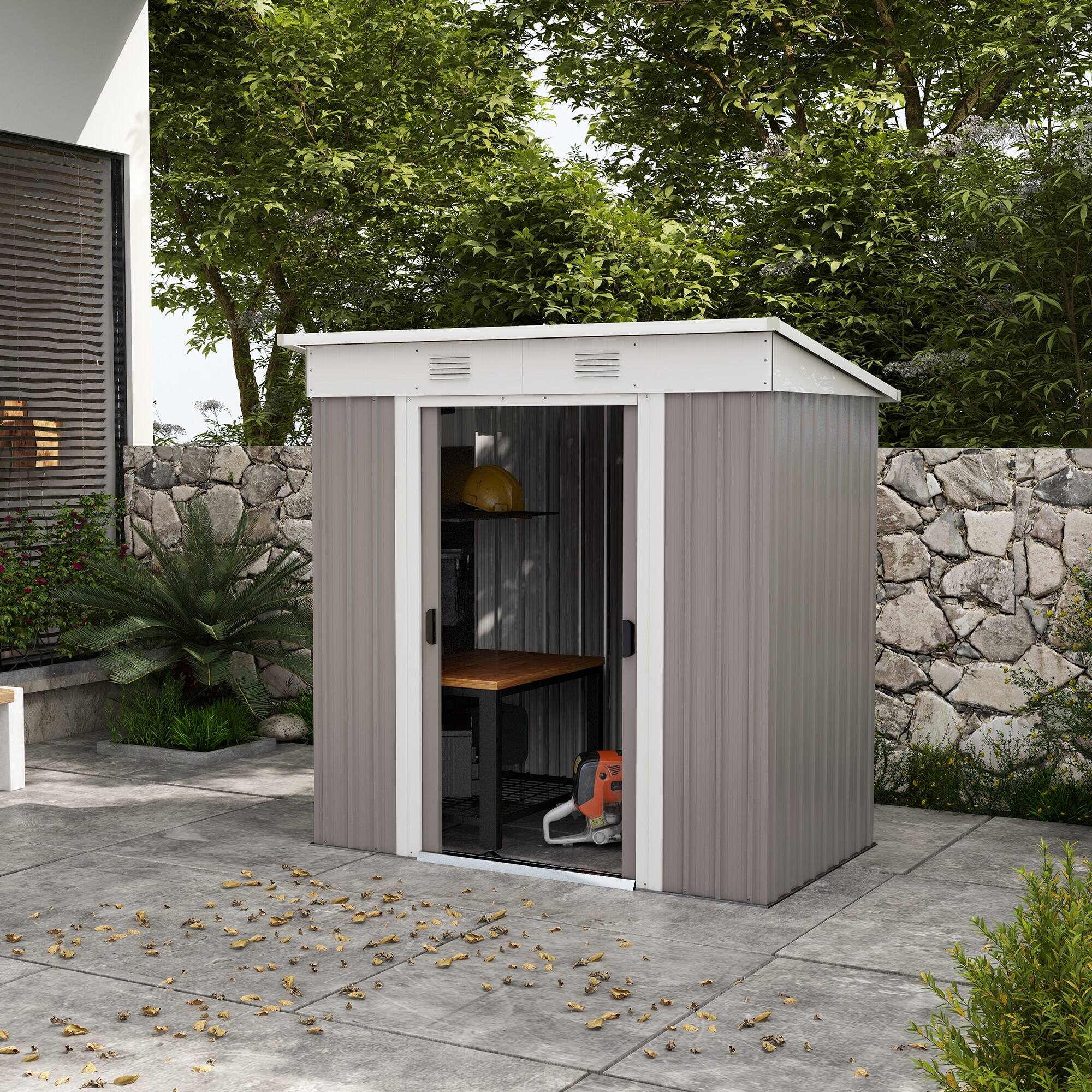 Alt View 1. Outsunny - 6' x 4' Metal Lean to Garden Shed, Outdoor Storage Shed, Garden Tool House with Double Sliding Doors.