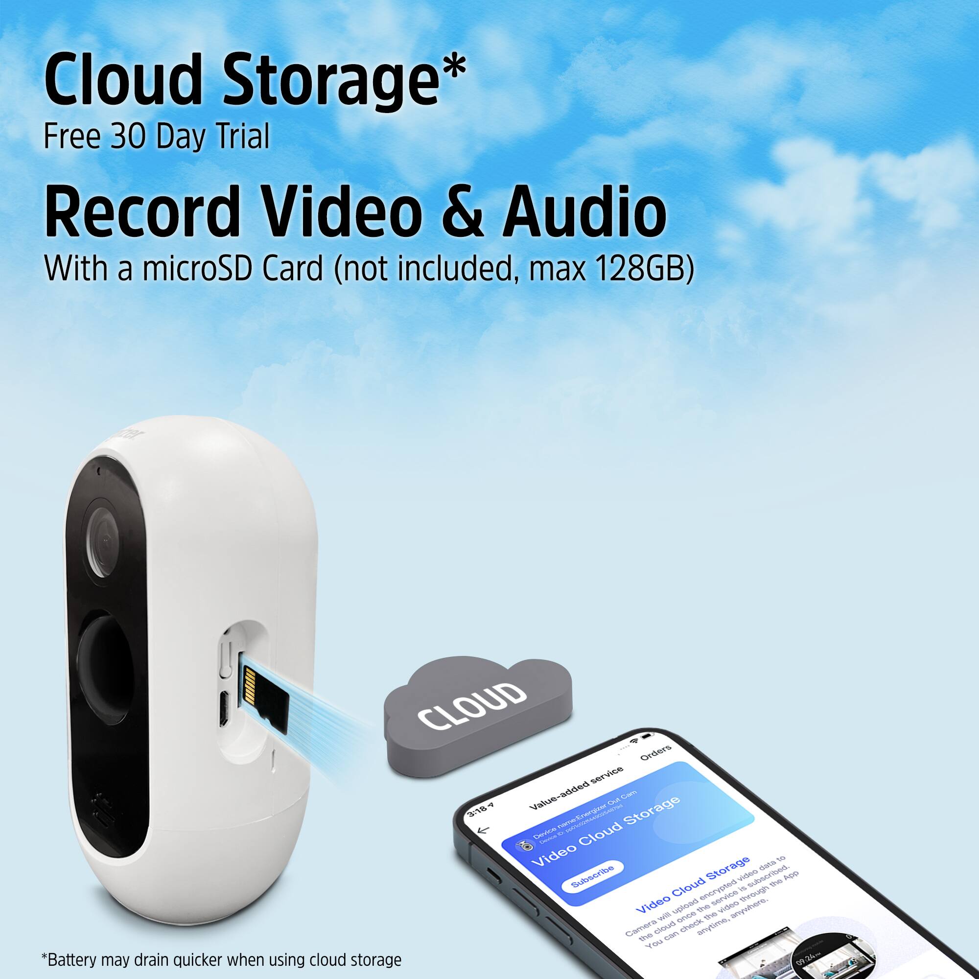 Cloud Storage*  
Free 30 Day Trial  
Record Video & Audio  
With a microSD Card (not included, max 128GB)  

*Battery may drain quicker when using cloud storage