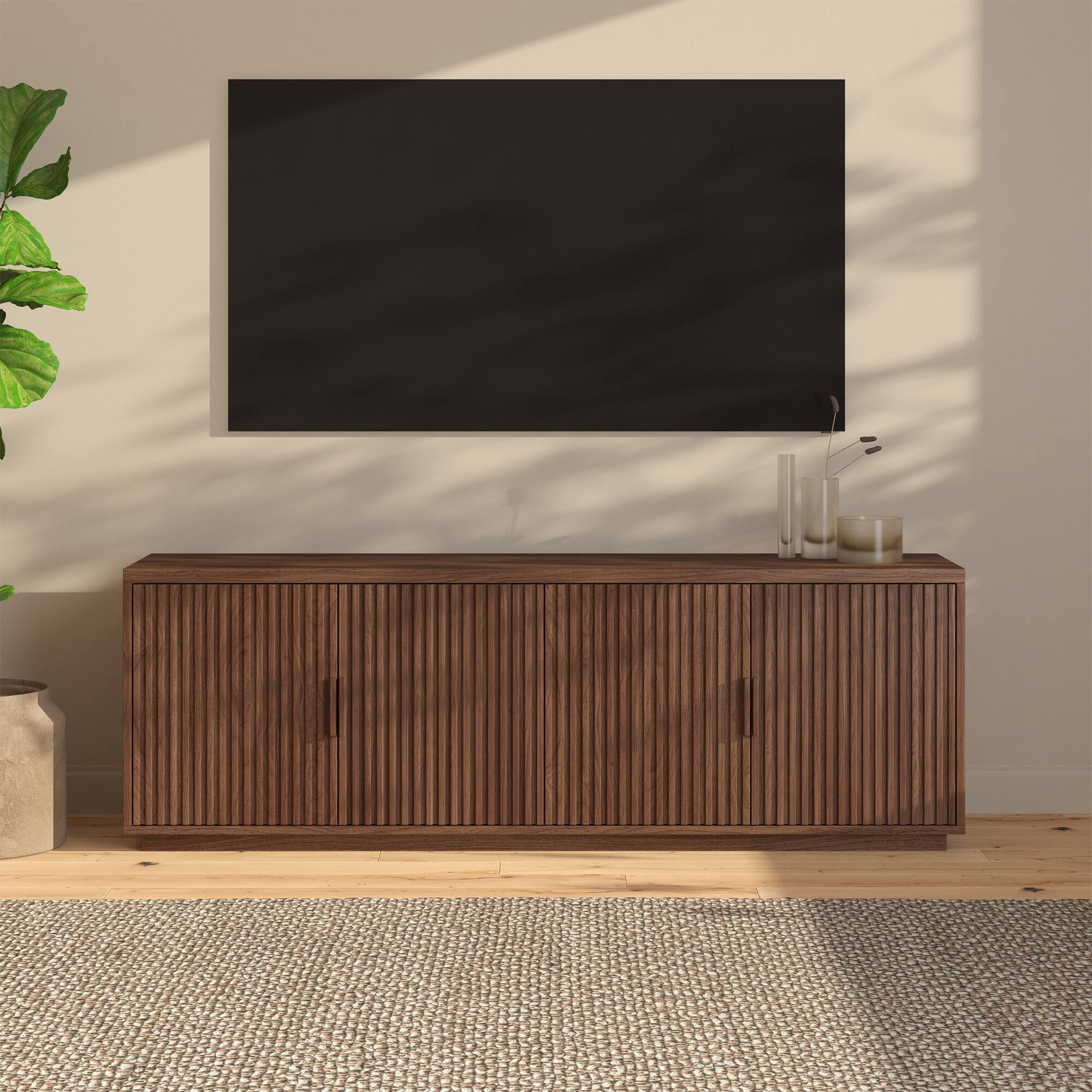 Alt View 2. Hudson&Canal - Mero Rectangular Fluted TV Stand for TV's up to 75" in Satin Walnut - Satin Walnut.