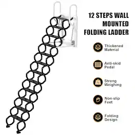 Topteng - 12-Step Wall Mounted Folding Ladder - Loft Attic Stairs, Alloy Steel, 600lb Load, Pull-Down Design for Home Attic - Black