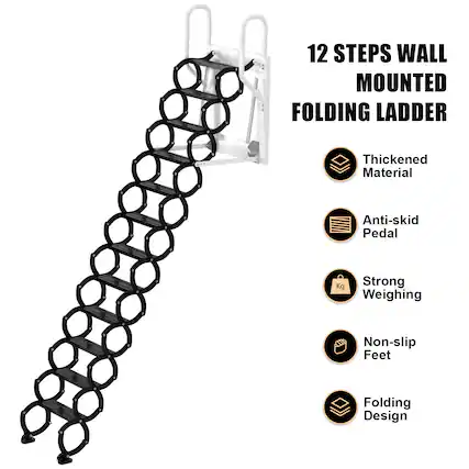 12 Steps Wall Mounted Folding Ladder
- Thickened Material
- Anti-skid Pedal
- Strong Weighing
- Non-slip Feet
- Folding Design