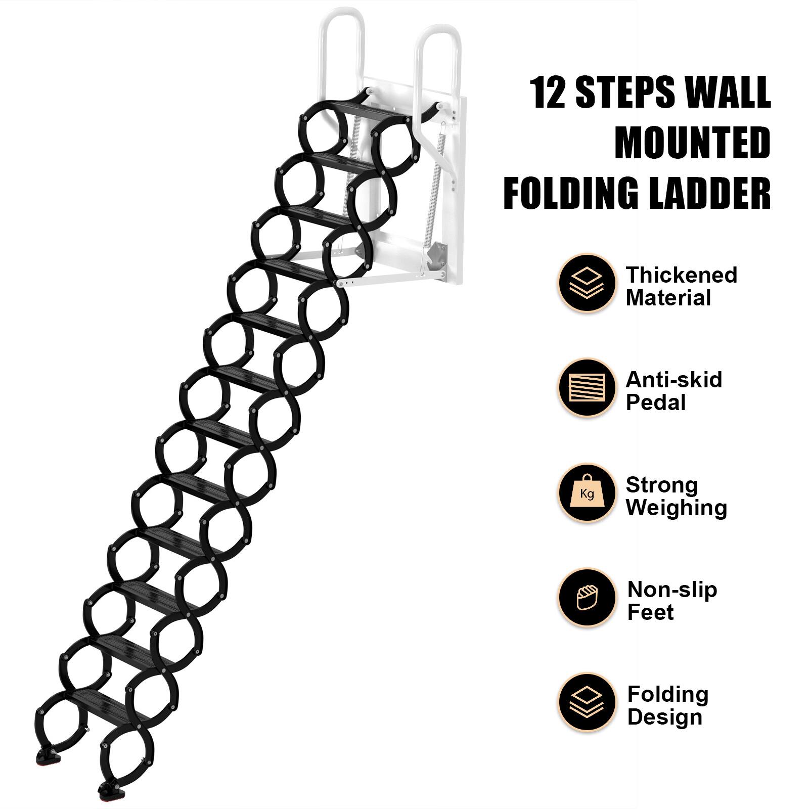 12 Steps Wall Mounted Folding Ladder

- Thickened Material
- Anti-skid Pedal
- Strong Weighing
- Non-slip Feet
- Folding Design