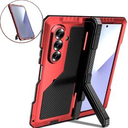 Dteck - Built-in Screen Protector For Samsung Galaxy Z Fold 6 Heavy Duty Case with Hinge Protection Cover Fold Kickstand - Red