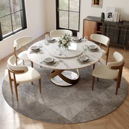 POVISON - 59" Modern White Dining Table for 4 with Lazy Susan, Glossy Round Sintered Stone Tabletop, Bronze X Carbon Steel Base - White Glossy Sintered Stone with Bronze