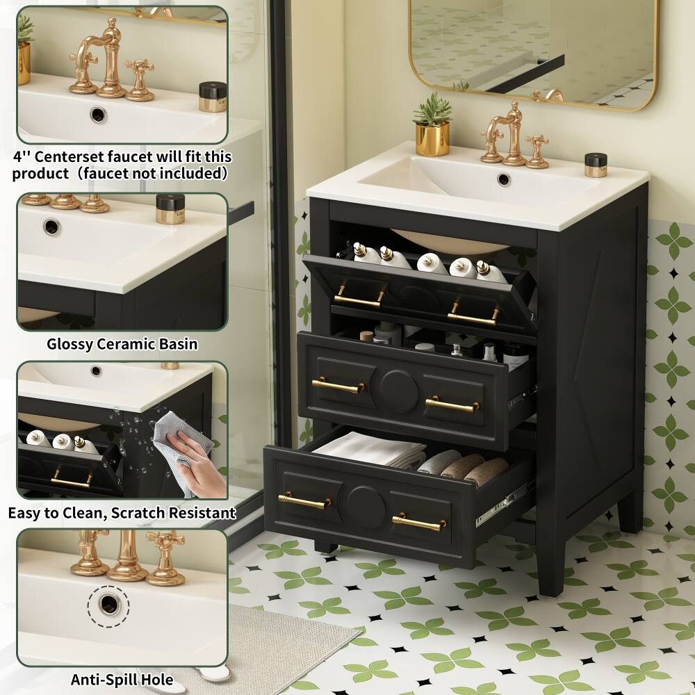 4" Centerset faucet will fit this product (faucet not included)

Glossy Ceramic Basin

Easy to Clean, Scratch Resistant

Anti-Spill Hole