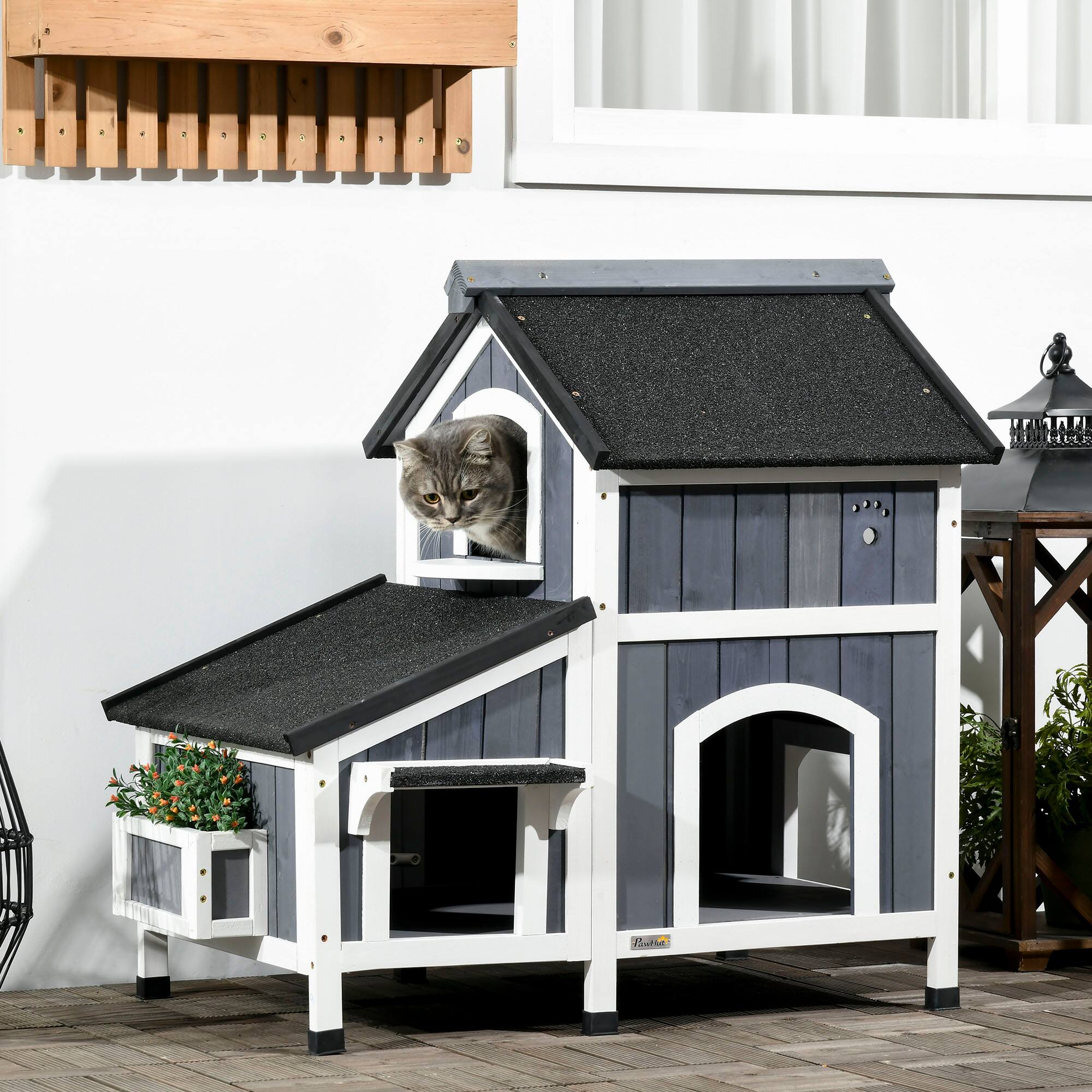 Angle. Pawhut - Outdoor Cat House, Weather-resistant Roof, Garden Bed, Shelter Enclosure, Multiple Entrances, Modern Furniture Hideout.