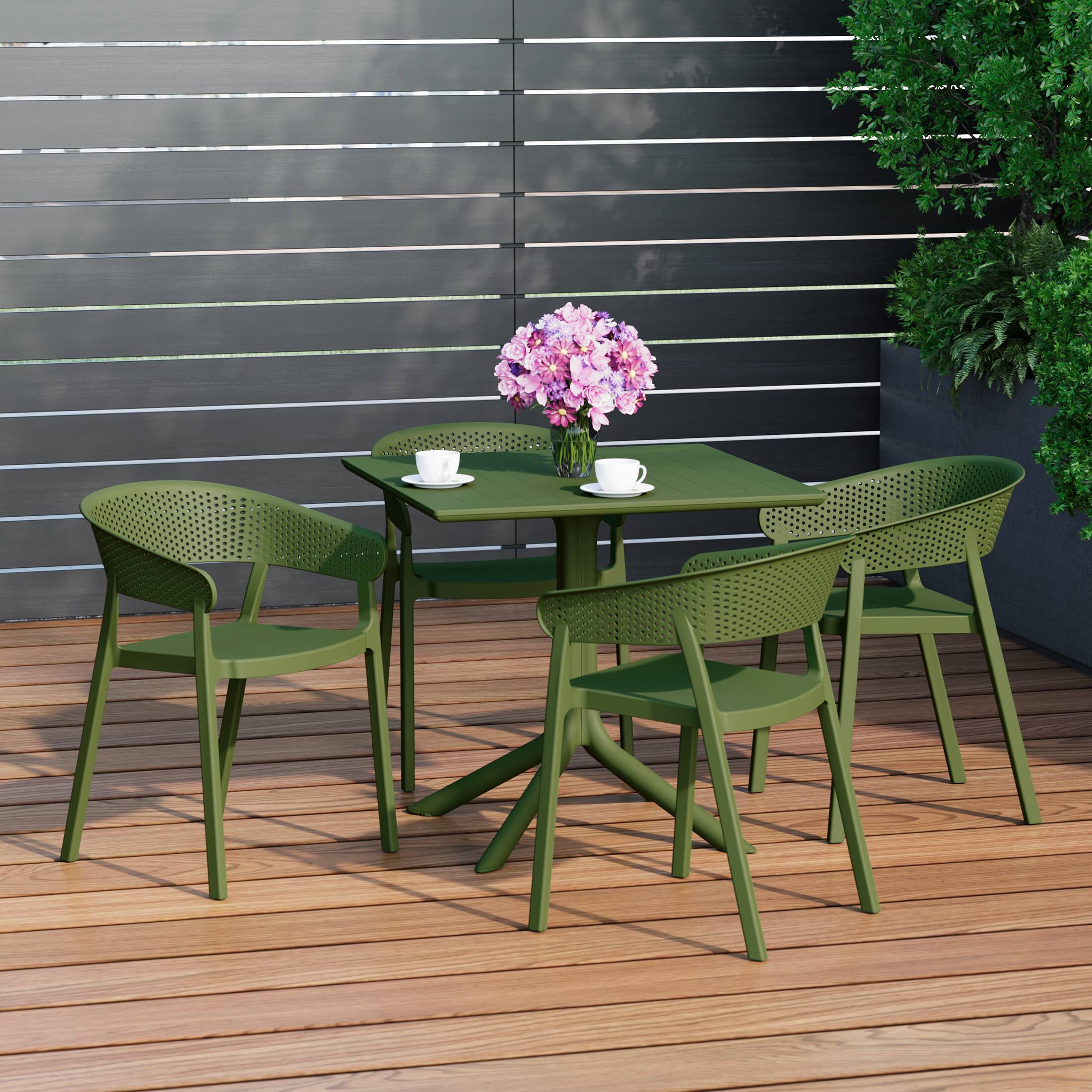 Angle. WestinTrends - WestinTrends Playa 5-Piece Outdoor Resin Square Patio Dining Table Set with Stackable Patio Dining Chairs - Olive Green.