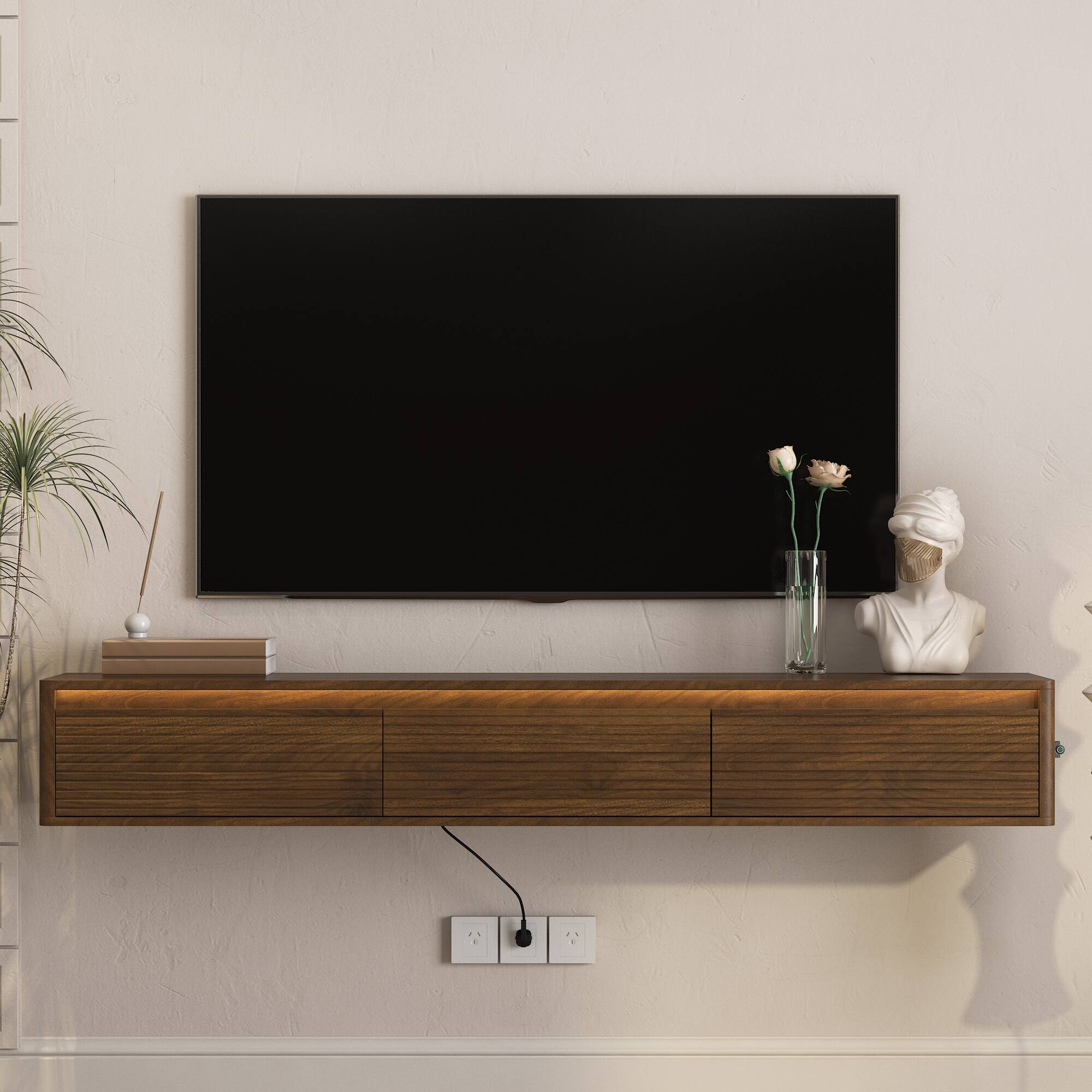 Angle. Z-Edge - Floating TV Stand Wall Mounted for 65"–80" TVs, Modern Floating Entertainment Center with Storage for Living Room - Brown.