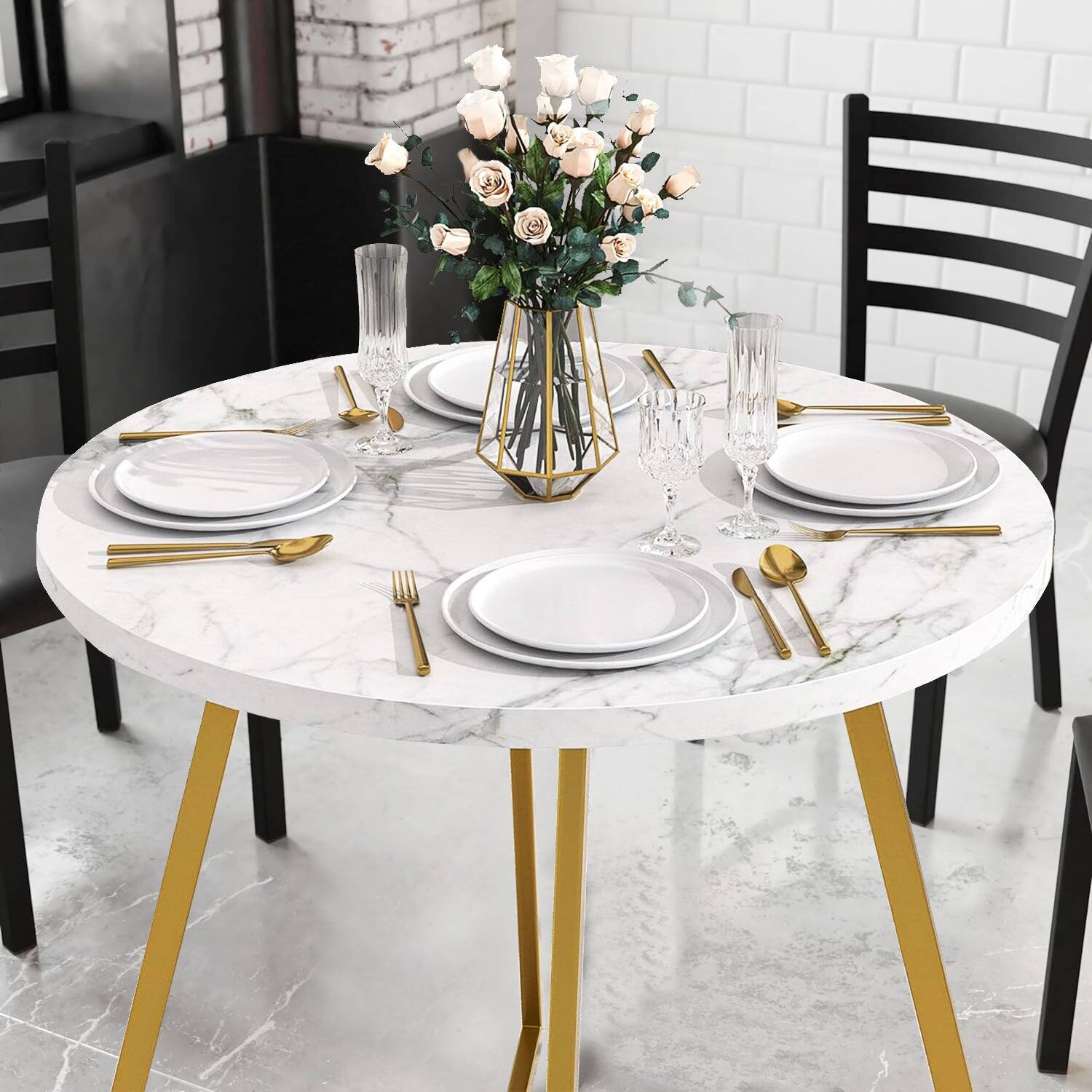 Alt View 1. Vecelo - Modern Wood Grain Round Dining Table for 2–4, Small Round Kitchen Table with Metal Base for Dining Room or Apartment - White&Gold.