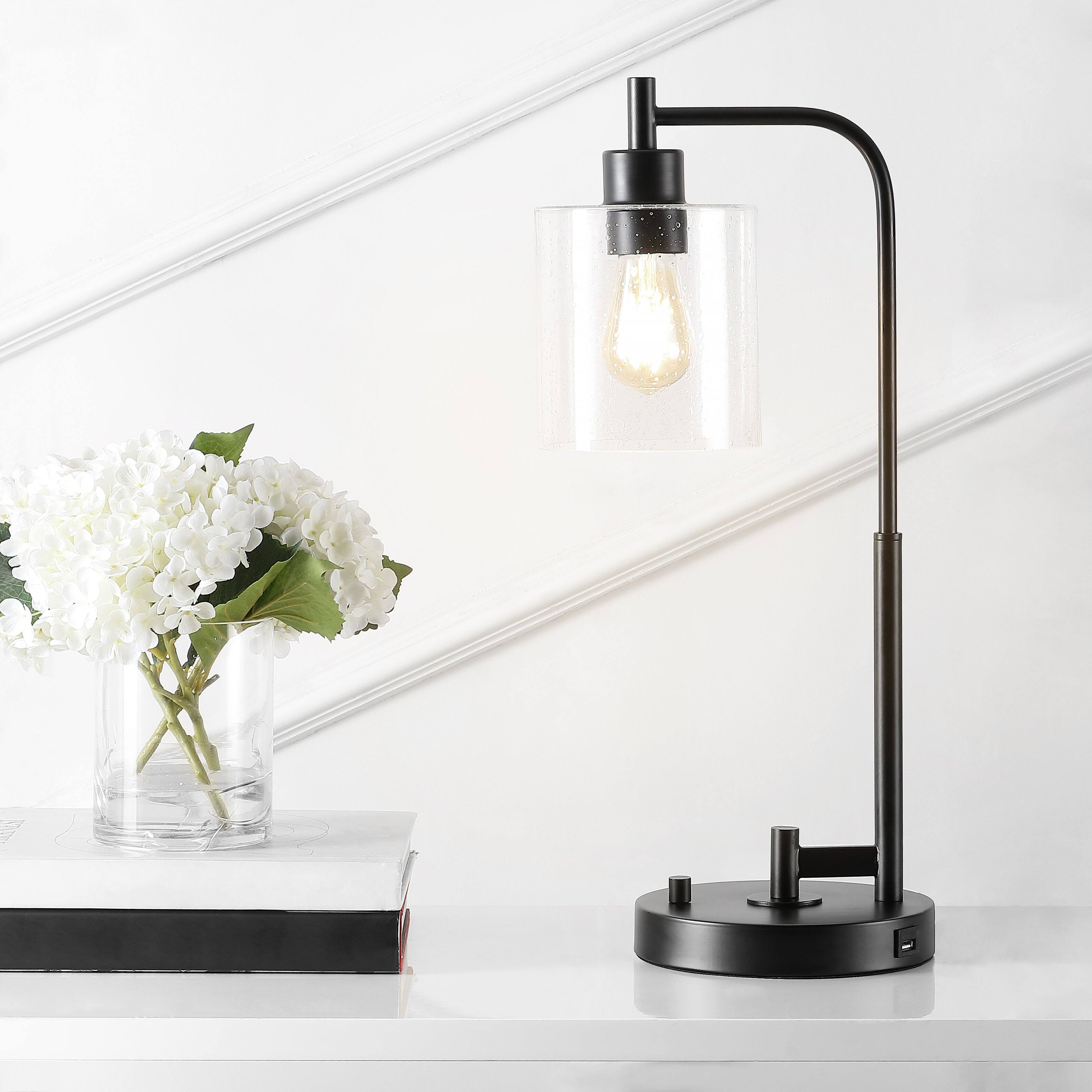 Alt View 1. Jonathan Y - Axel Modern 23" Iron/Seeded Glass Farmhouse Industrial USB Charging LED Task Lamp, Black - Black.