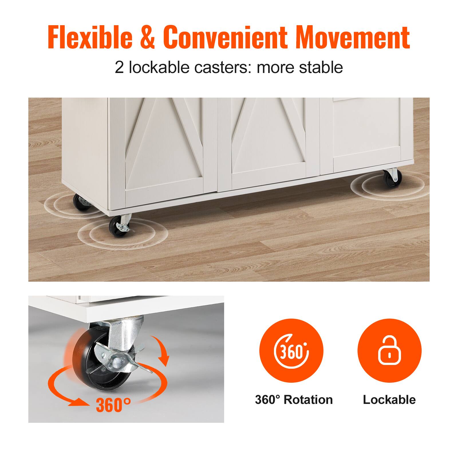 Flexible & Convenient Movement, 2 lockable casters: more stable, 360° Rotation, Lockable