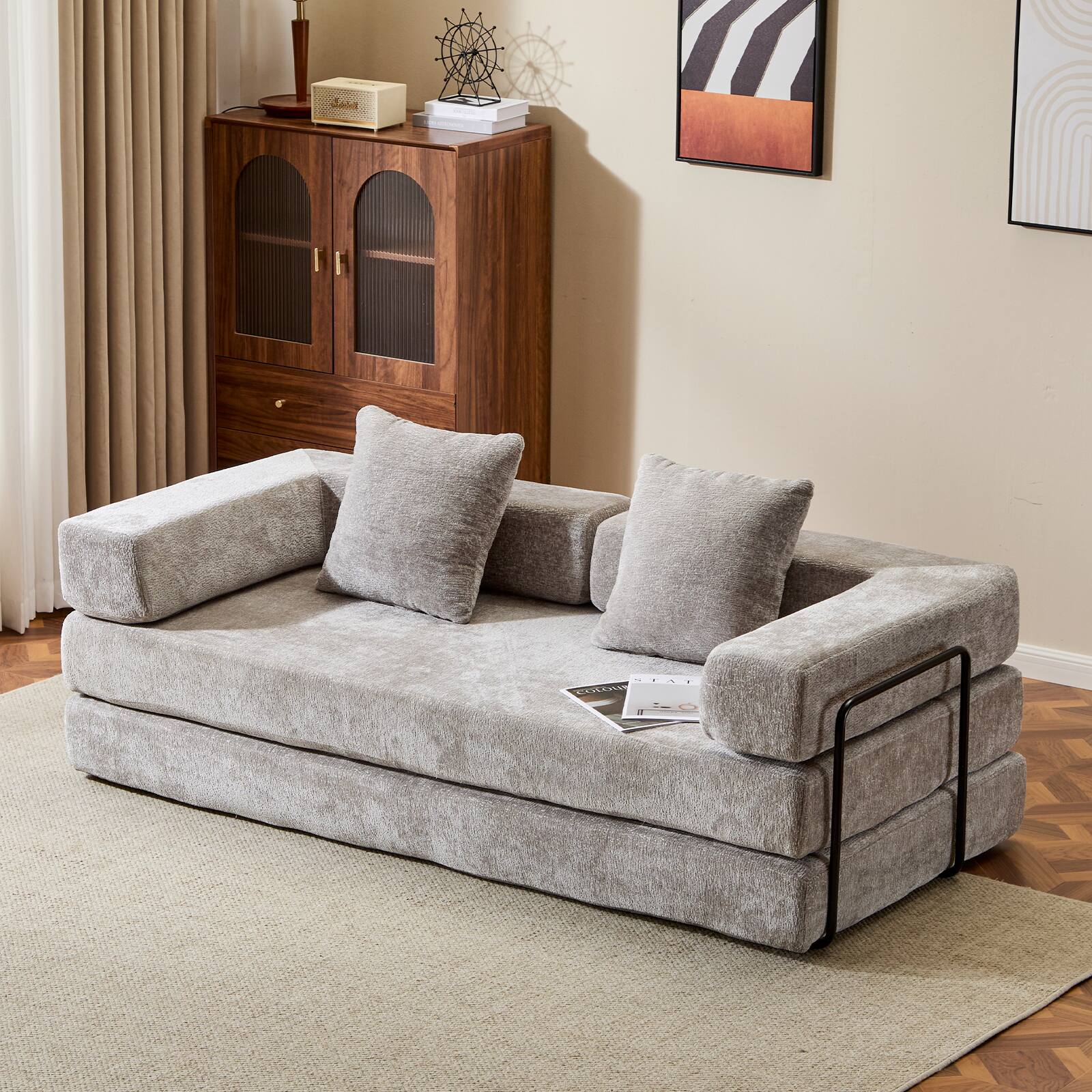 Angle. GOODSILO - Convertible Floor Sofa Bed - Futon Couch Lounge Sleeper with Pillow Back Support & Armrests - Light Grey.