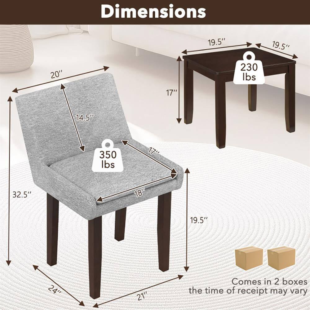Dimensions:  
- Chair: 19.5" x 19.5" x 20" (350 lbs)  
- Table: 17" x 14.5" x 17" (230 lbs)  
- Comes in 2 boxes  
- The time of receipt may vary