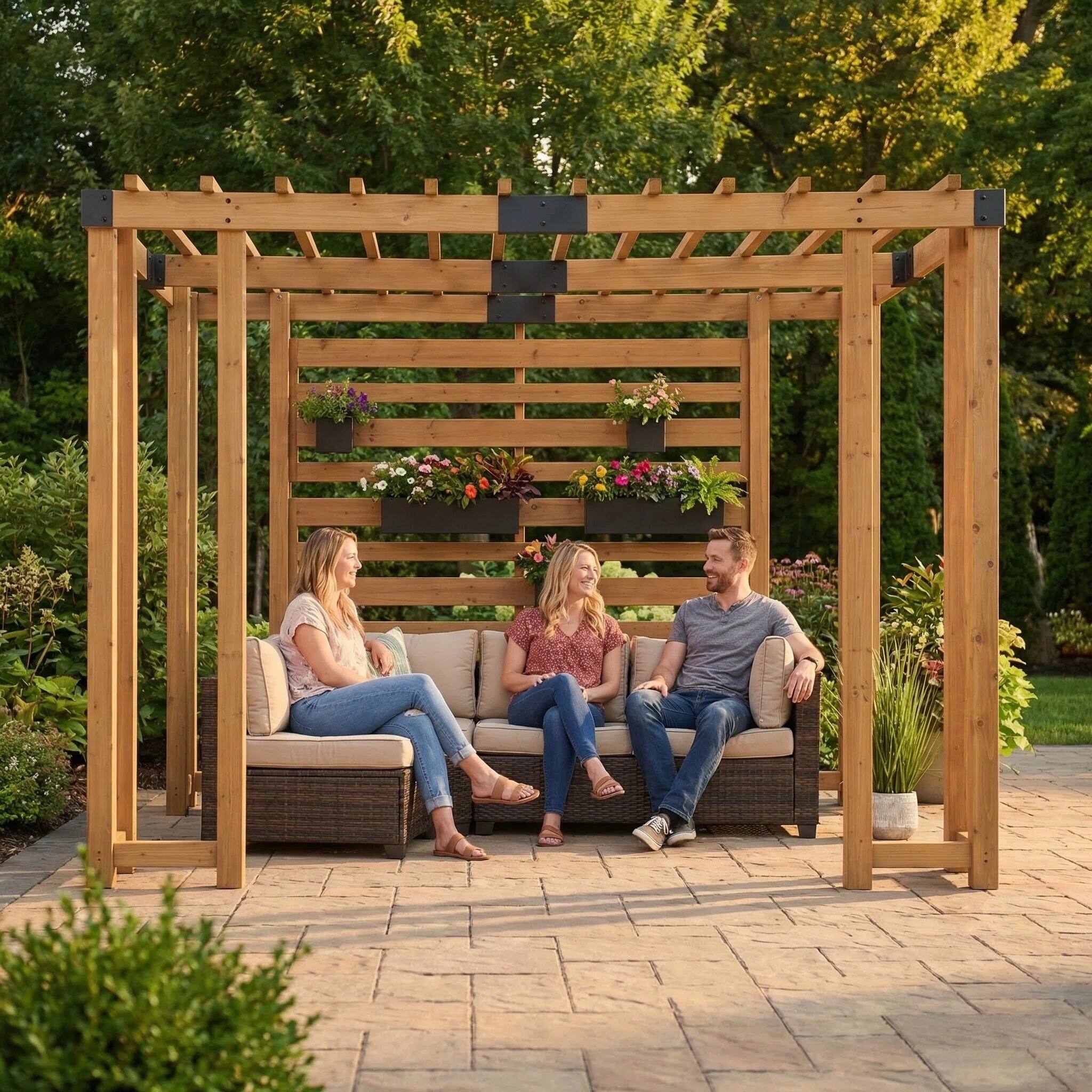 Alt View 9. SUNJOY - Sunjoy 10.5 ft. x 10 ft. Cedar Wood Pergola with Slatted Privacy Wall & Adjustable Hanging Planters - wood.