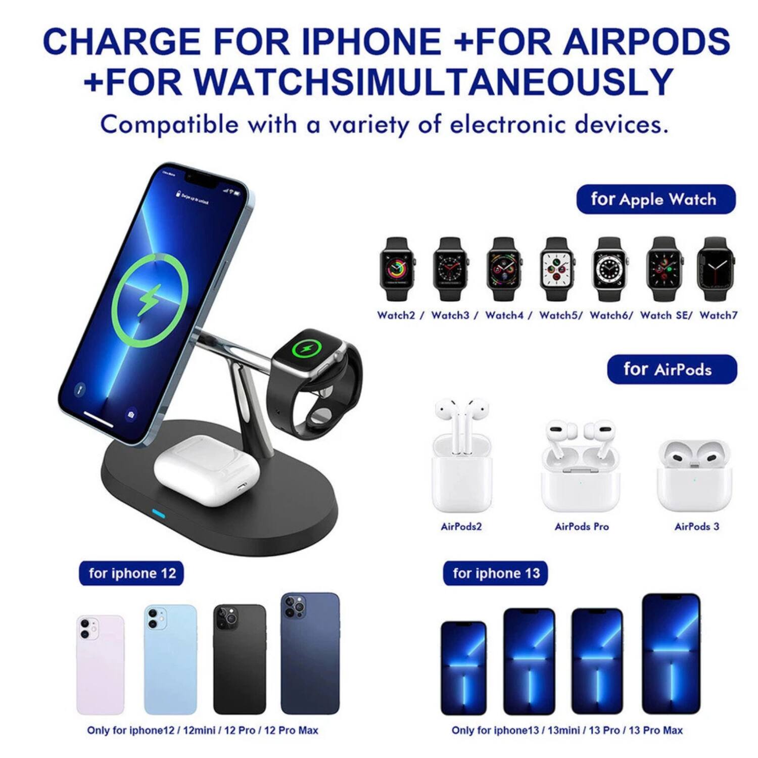 CHARGE FOR IPHONE + FOR AIRPODS + FOR WATCH SIMULTANEOUSLY  
Compatible with a variety of electronic devices.

- for Apple Watch  
  Watch2 / Watch3 / Watch4 / Watch5 / Watch6 / Watch SE / Watch7

- for AirPods  
  AirPods2 / AirPods Pro / AirPods 3

- for iphone 12  
  Only for iphone12 / 12mini / 12 Pro / 12 Pro Max

- for iphone 13  
  Only for iphone13 / 13mini / 13 Pro / 13 Pro Max