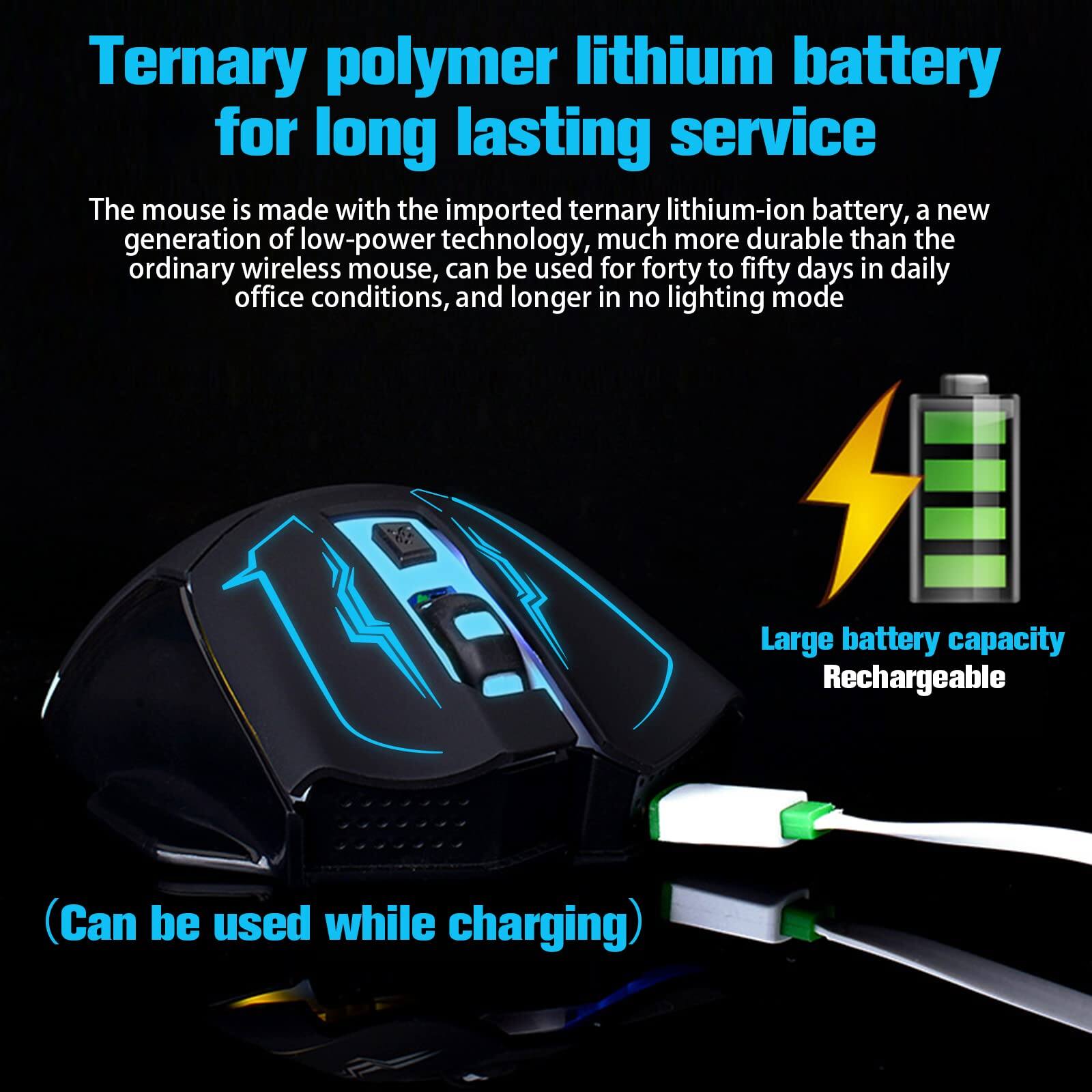 Ternary polymer lithium battery for long lasting service

The mouse is made with the imported ternary lithium-ion battery, a new generation of low-power technology, much more durable than the ordinary wireless mouse. It can be used for forty to fifty days in daily office conditions, and longer in no lighting mode.

Large battery capacity
Rechargeable
(Can be used while charging)