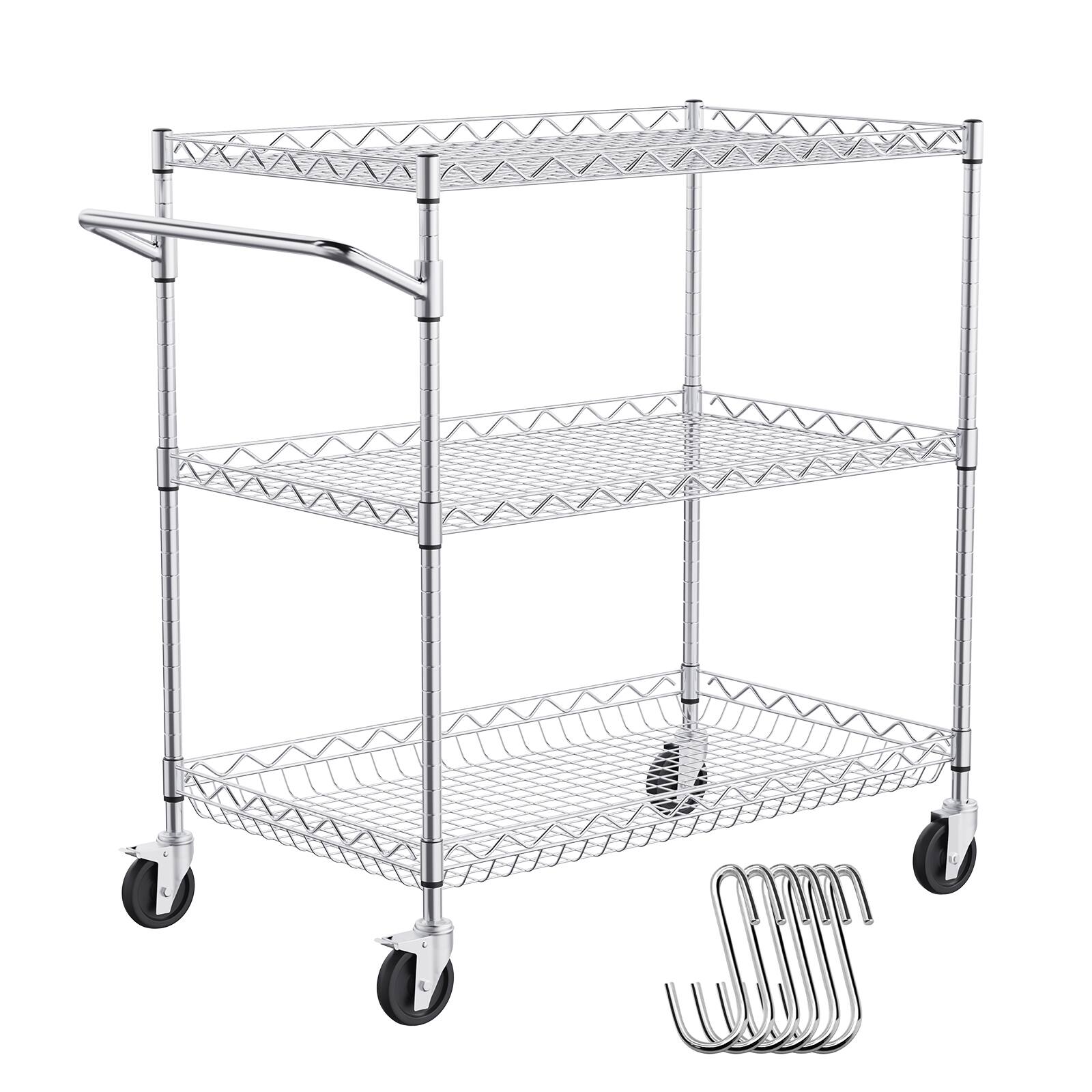 VEVOR - Kitchen Utility Cart, 3 Tiers, Wire Rolling Cart with 661LBS Capacity, Steel Service Cart on Wheels - Silver