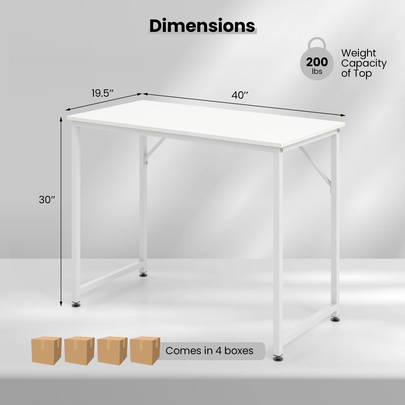 Dimensions  
Weight Capacity of Top: 200 lbs  
19.5" x 40" x 30"  
Comes in 4 boxes