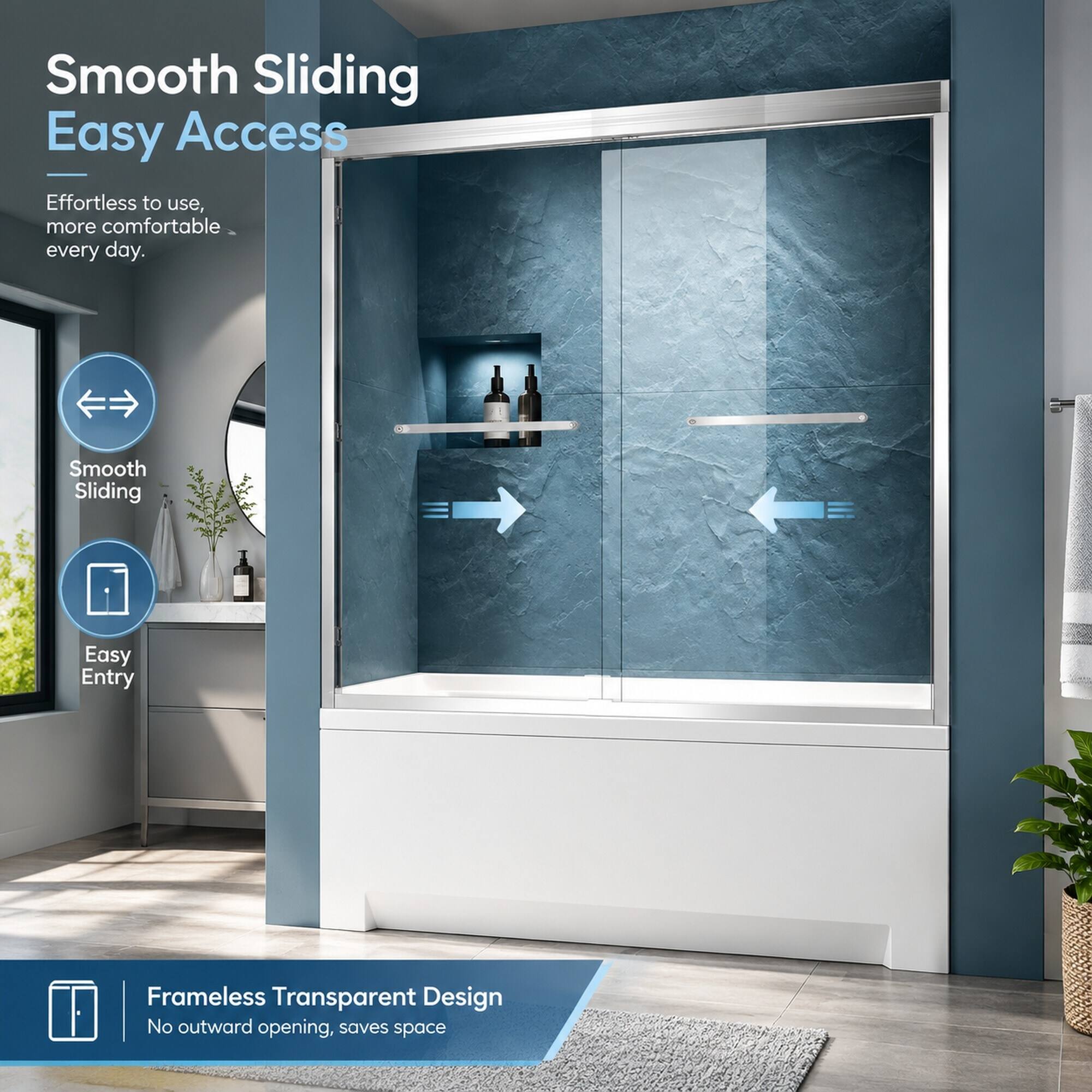 Smooth Sliding  
Easy Access  
Effortless to use, more comfortable every day.  

Smooth Sliding  
Easy Entry  

Frameless Transparent Design  
No outward opening, saves space