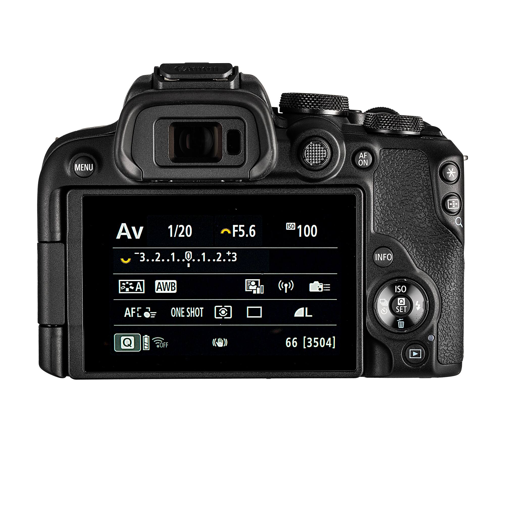 MENU AF ON  
Av 1/20 F5.6  
-3..2..1..0..1..2..3  
ISO 100  
AWB  
AF: ONE SHOT  
66 [3504]