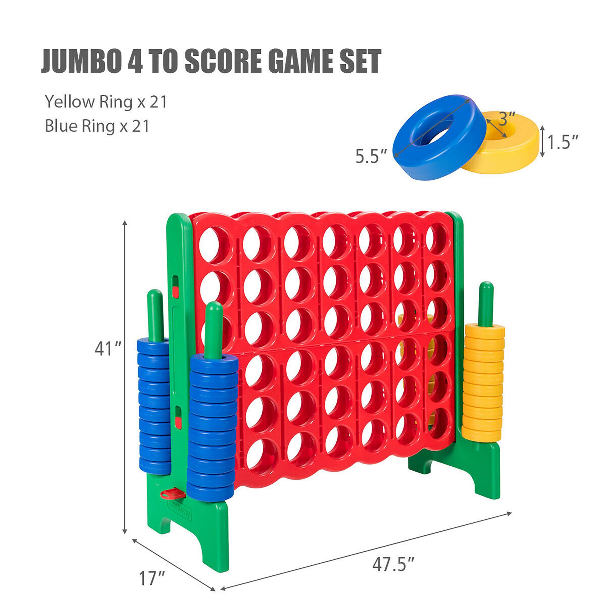 JUMBO 4 TO SCORE GAME SET
Yellow Ring x 21
Blue Ring x 21
5.5"
3"
1.5"
41"
17"
47.5"