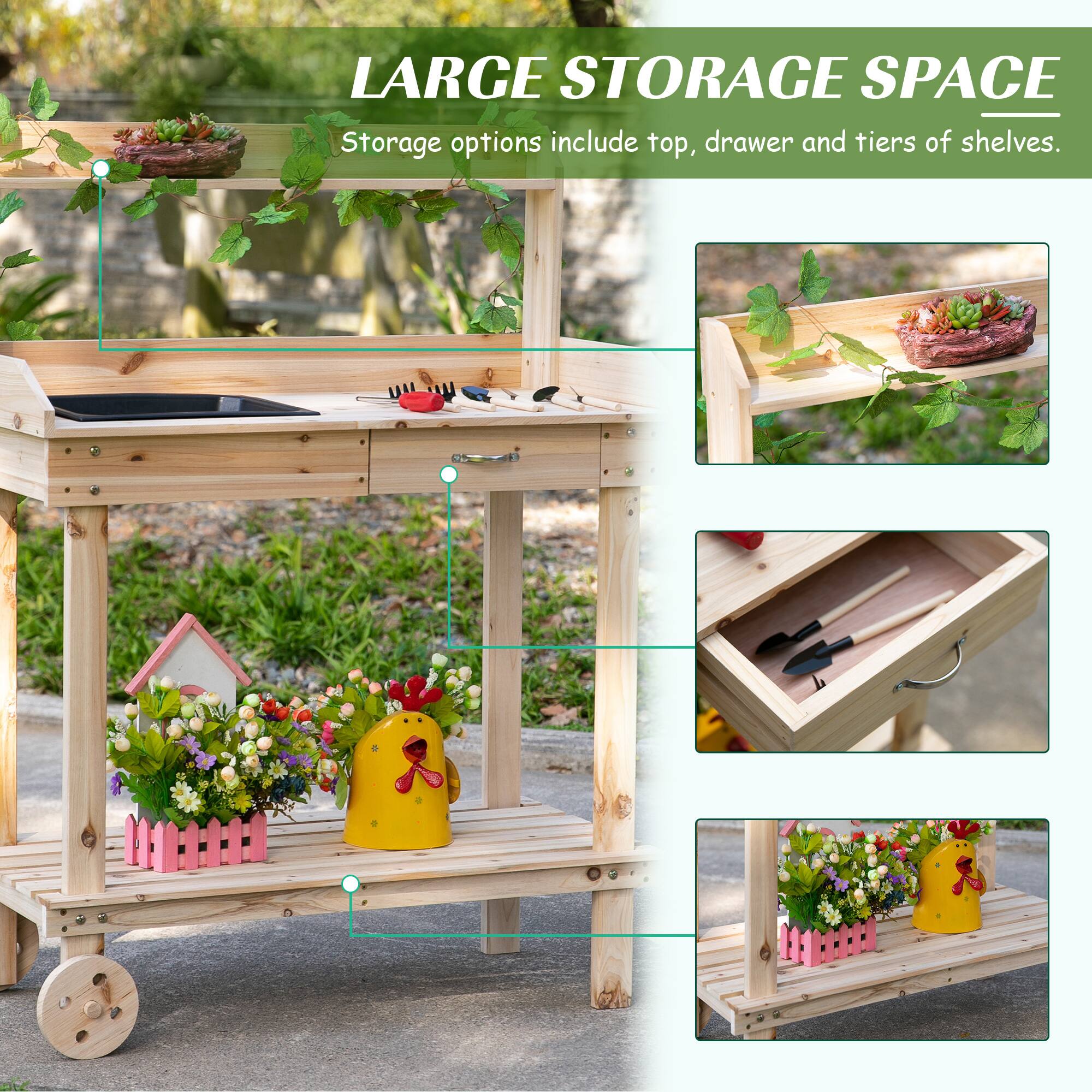 LARGE STORAGE SPACE Storage options include top, drawer and tiers of shelves.