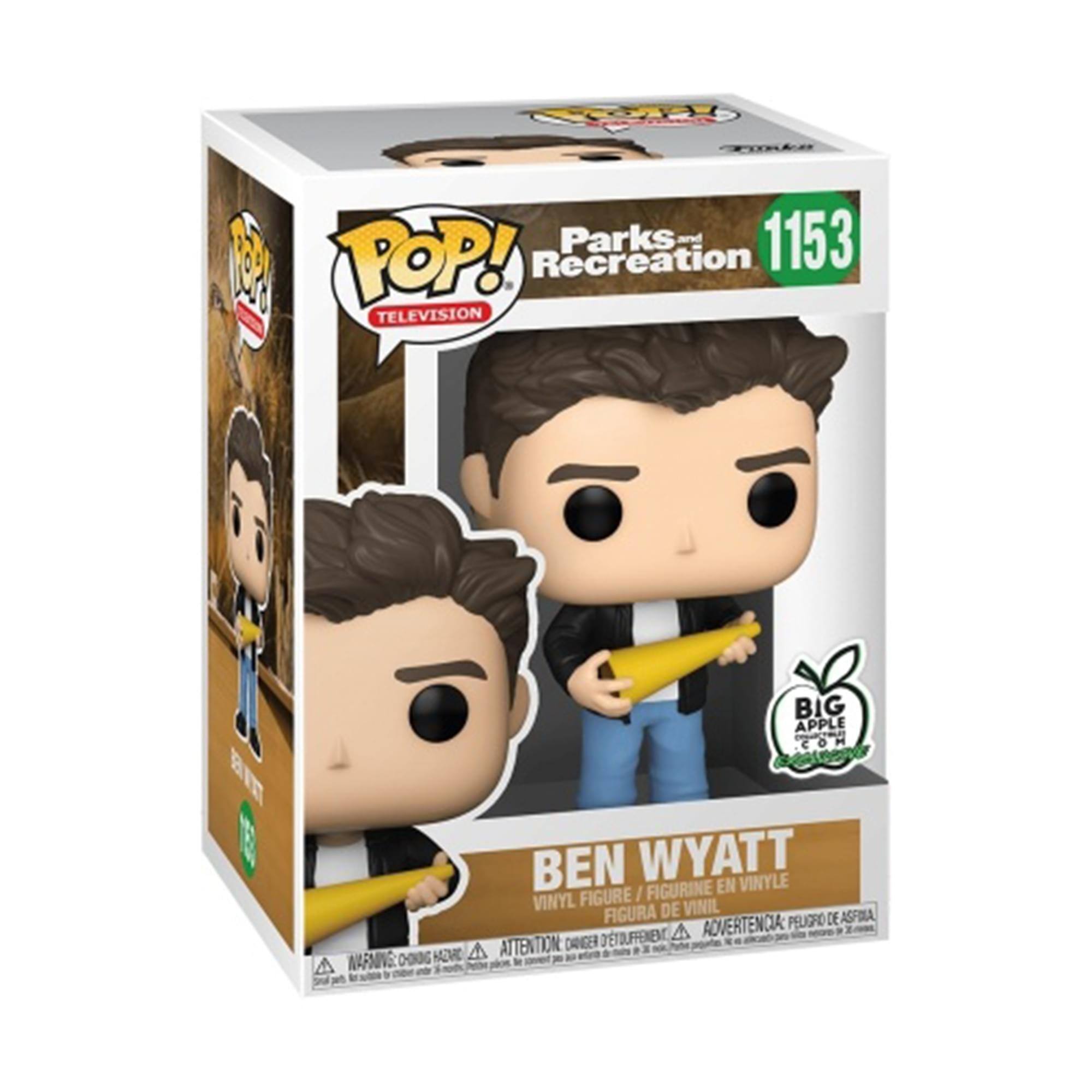 Parks and Recreation  
1153  

POP! Television  

BEN WYATT  
Vinyl Figure / Figurine en Vinyle / Figura de Vinil  

Big Apple Toys  

WARNING: CHOKING HAZARD - Small parts. Not for children under 3 years.  
ATTENTION: PELIGRO DE ASFIXIA - Piezas pequeñas. No es adecuado para menores de 3 años.  
AVERTISSEMENT: DANGER - Petite pièce. Ne convient pas aux enfants de moins de 3 ans.