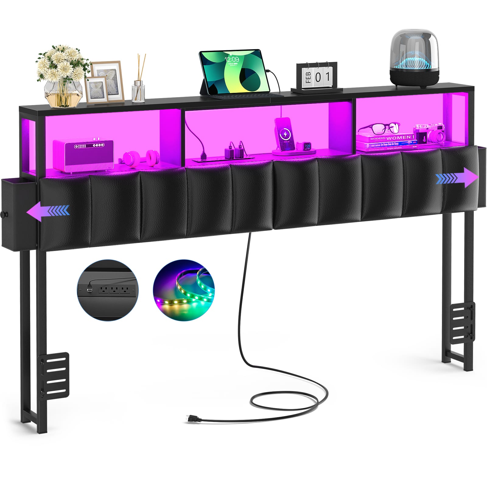 Aheaplus - Queen Upholstered Headboard with Charging Station, LED Light, and 2 Drawers, Storage Headboard for Bedroom - Black