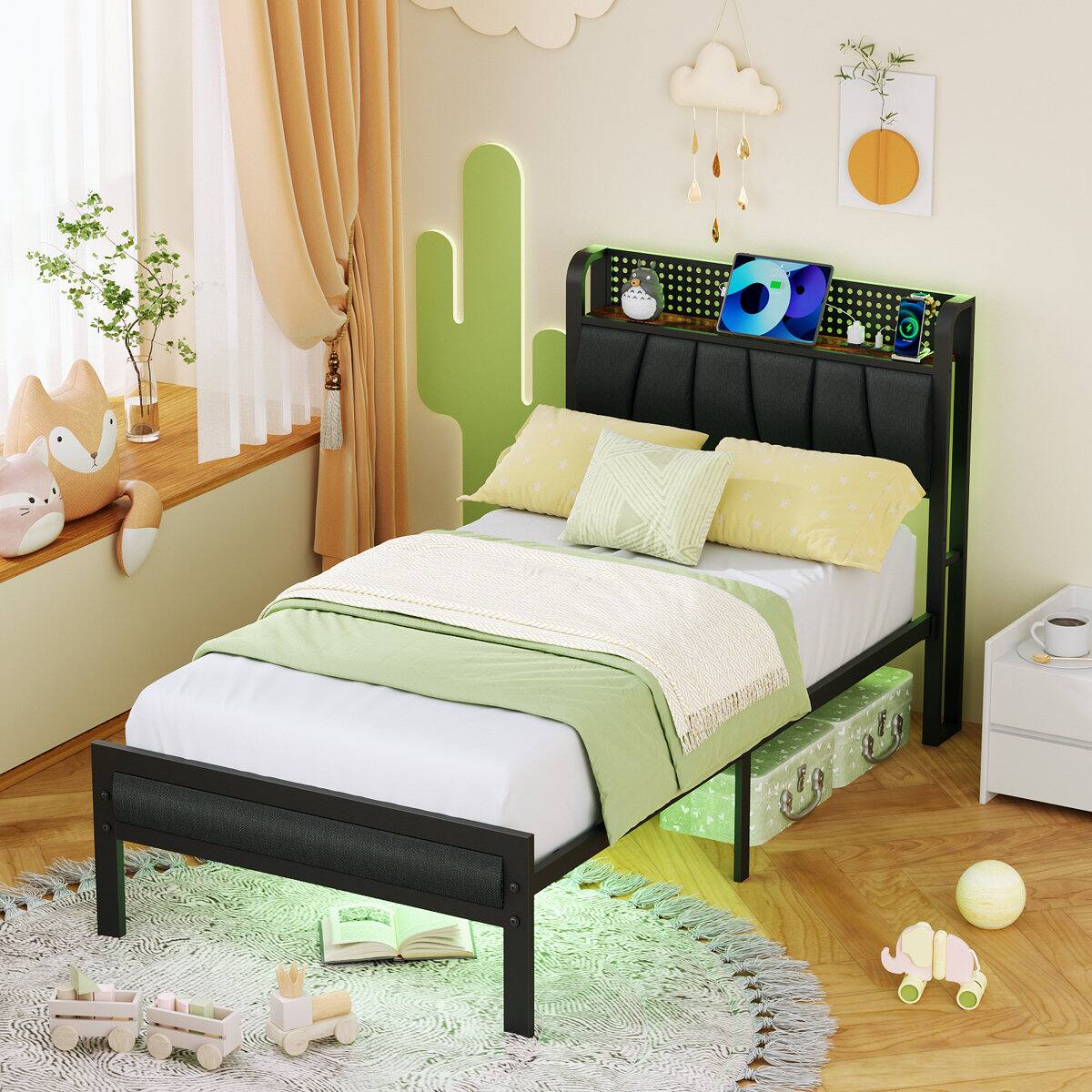 Alt View 5. Furnulem - Platform Bed Frame Upholstered Headboard LED Lights Charging Station Heavy Duty Metal Support No Box Spring Needed - Brown.
