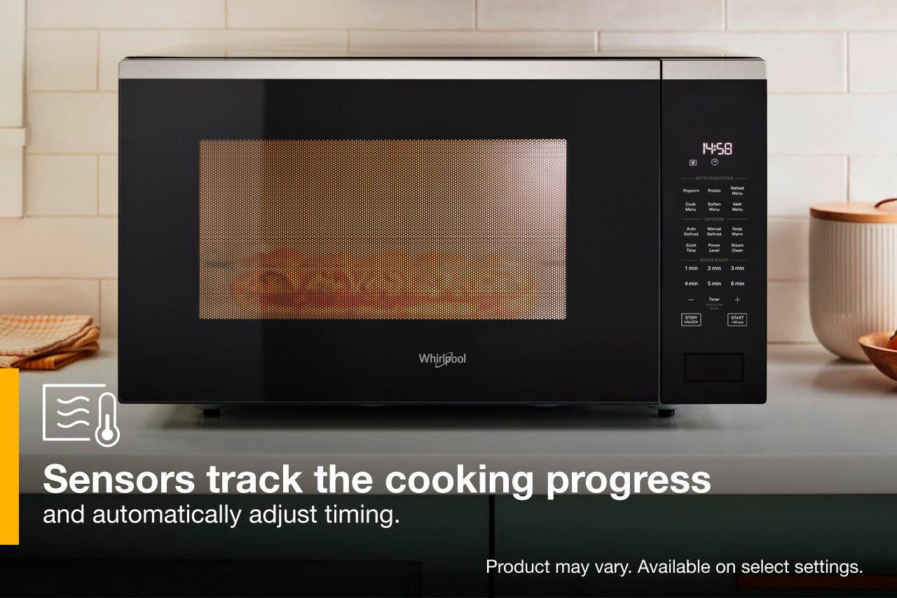 The text on the image is promoting a Whirlpool microwave oven that has sensors that track the cooking progress and automatically adjust the timing. The microwave is shown with a potato inside, indicating that it can be used for various cooking tasks. The text also mentions that the product may vary and is available on select settings.