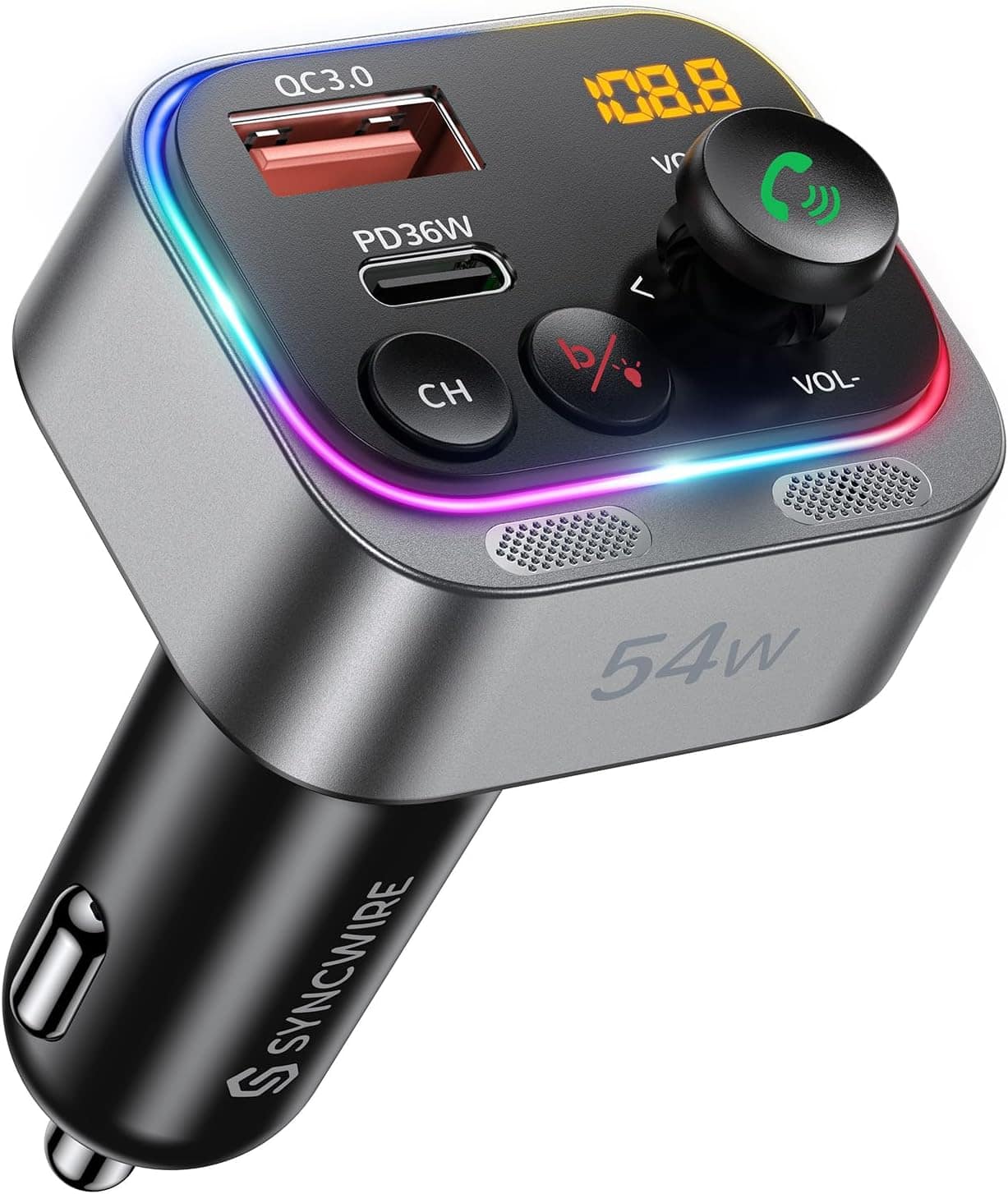 Syncwire - Bluetooth 5.4 FM Transmitter Car Adapter 54W (PD 36W & QC 18W) with Light Switch, Dual Mics, HiFi Bass - Silver