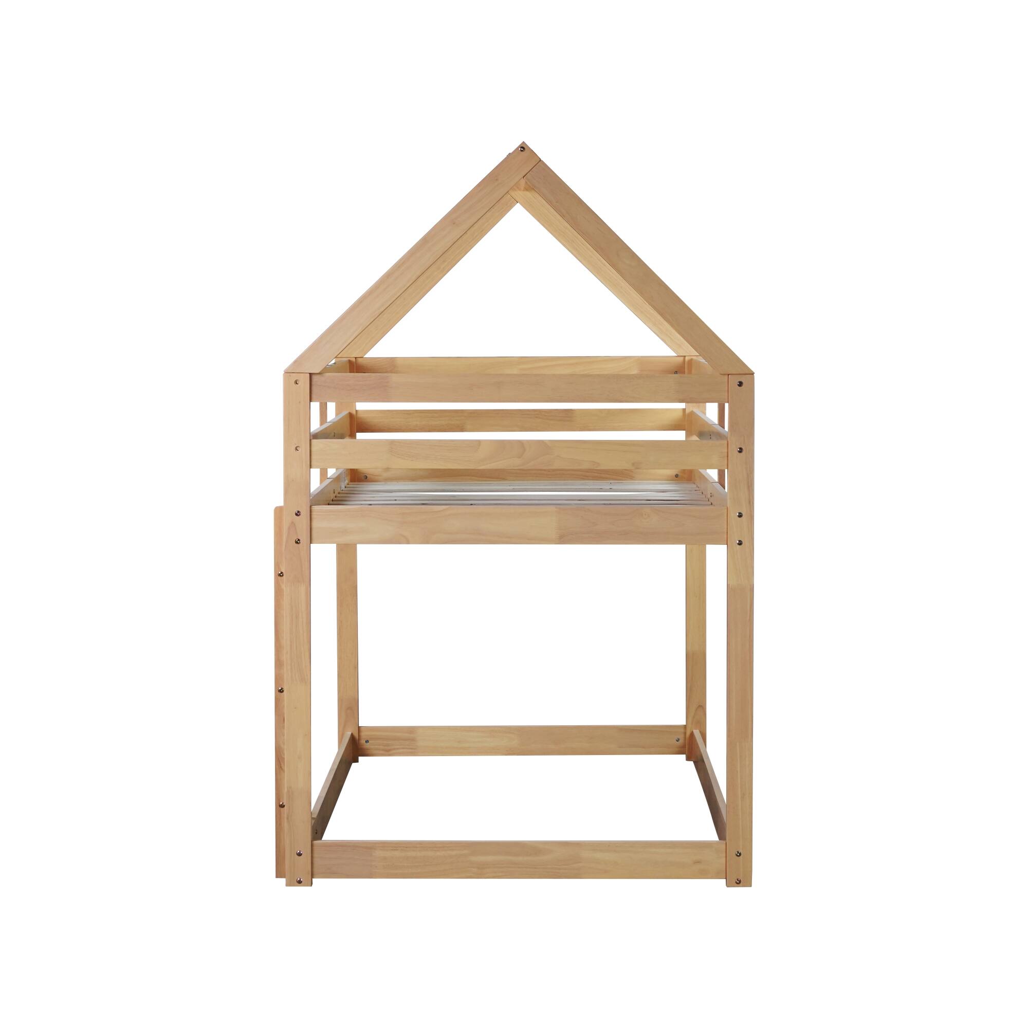 Alt View 4. GOODSILO - House-Shaped Twin Over Twin Rubber Wood Bunk Bed with Ladder and Guardrails for Kids - White+Oak.