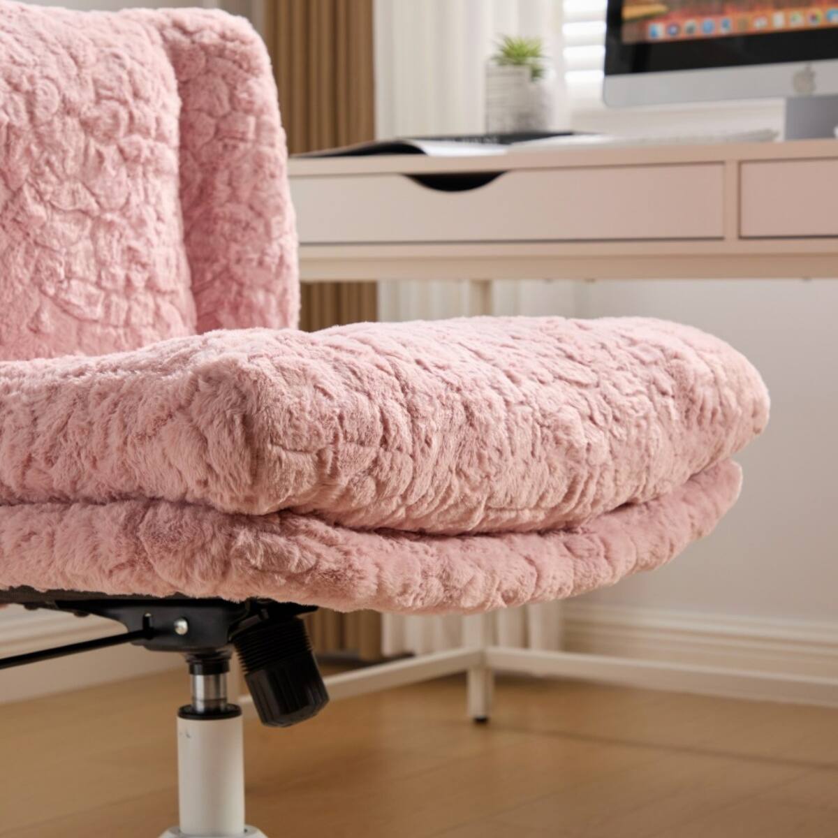 Alt View 1. HTUTWOO - 26.4 Office Chair with Back & Wheels - Plush Faux Fur,Adjustable Height & Swivel, 300LB Capacity - Makeup Chair for Home - Pink.