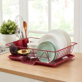 Sweet Home Collection - Steel 3-Piece Large Countertop Dish Drainer with Drain Board & Utensil Holder - Burgundy