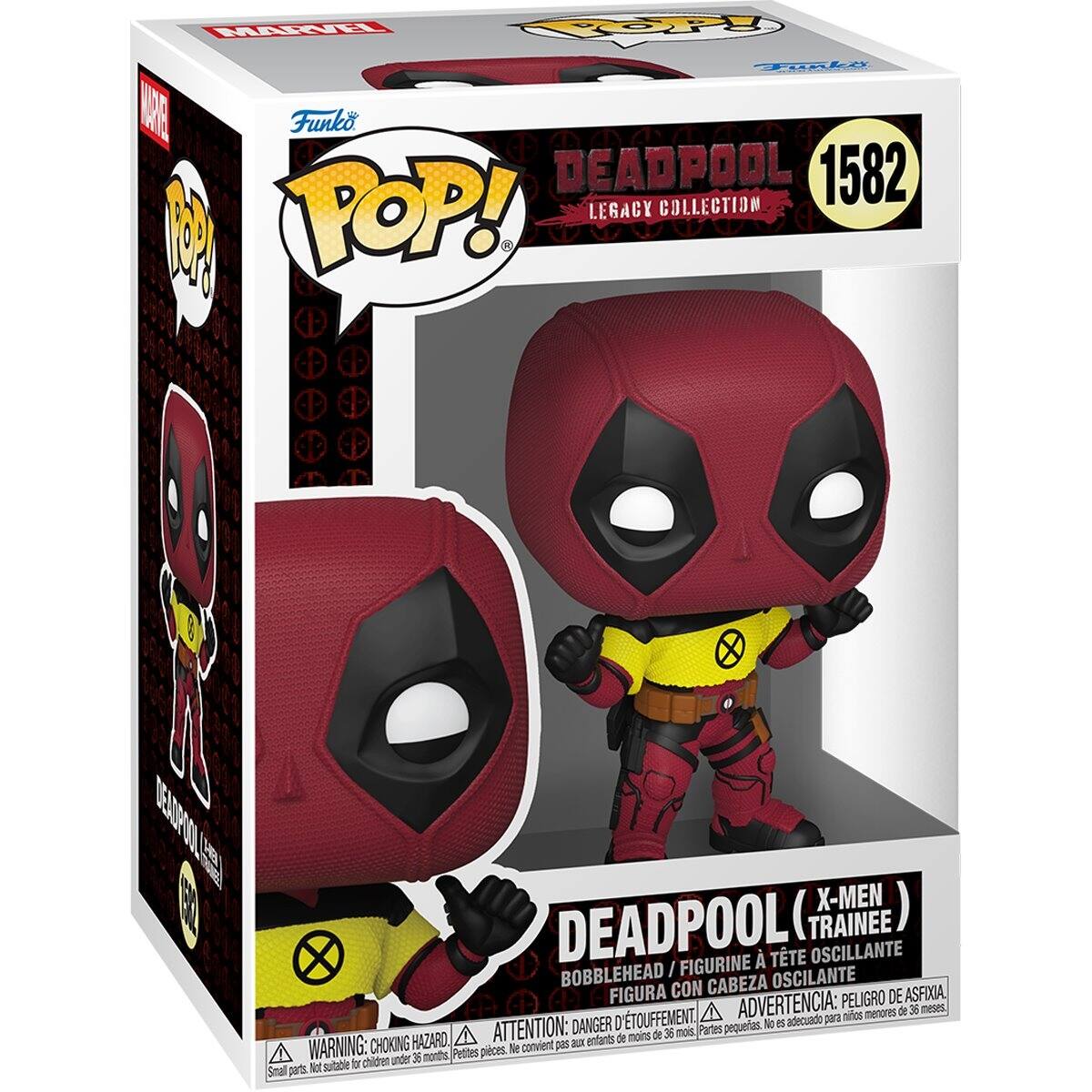 MARIL Topy Gka TARE Funko DEADPOOL 1582 POP! LEGACY COLLECTION PM O A A0 EOOO 01  
X-MEN DEADPOOL TRAINEE  
TTE OSCILLANTE BOBBLEHEAD I FIGURINE OSCILANTE FIGURA CON CABEZA OSCILANTE  
ADVERTENCIA: PELIGRO DE ASFIXIA  
A menores de 36 meses.  
DANGER: CHOKING HAZARD. ATTENTION: PELIGRE DE SUFFOCAMENT.  
Pequeñas piezas. No conviene para niños menores de 36 meses.  
Small parts. Not suitable for children under 36 months.