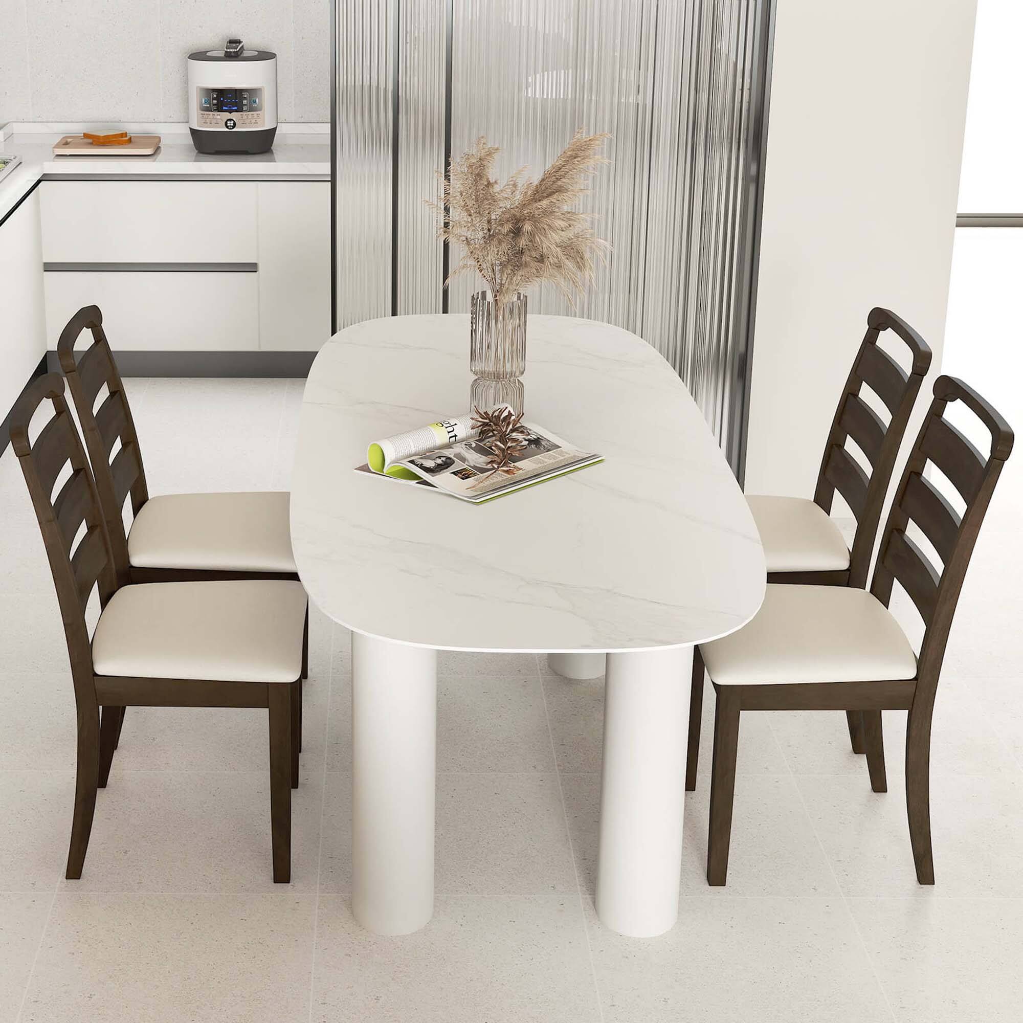 Angle. Costway - Modern Dining Chair Set of 4 Upholstered Farmhouse Chairs with Rubber Wood Frame - Brown + White.
