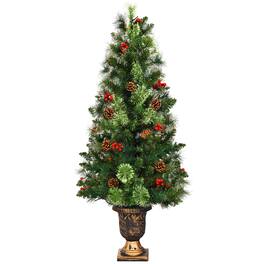 Costway - 4ft Pre-Lit Christmas Entrance Tree In Urn w/ 60 LED Light Red Berries Pine Cone - Green