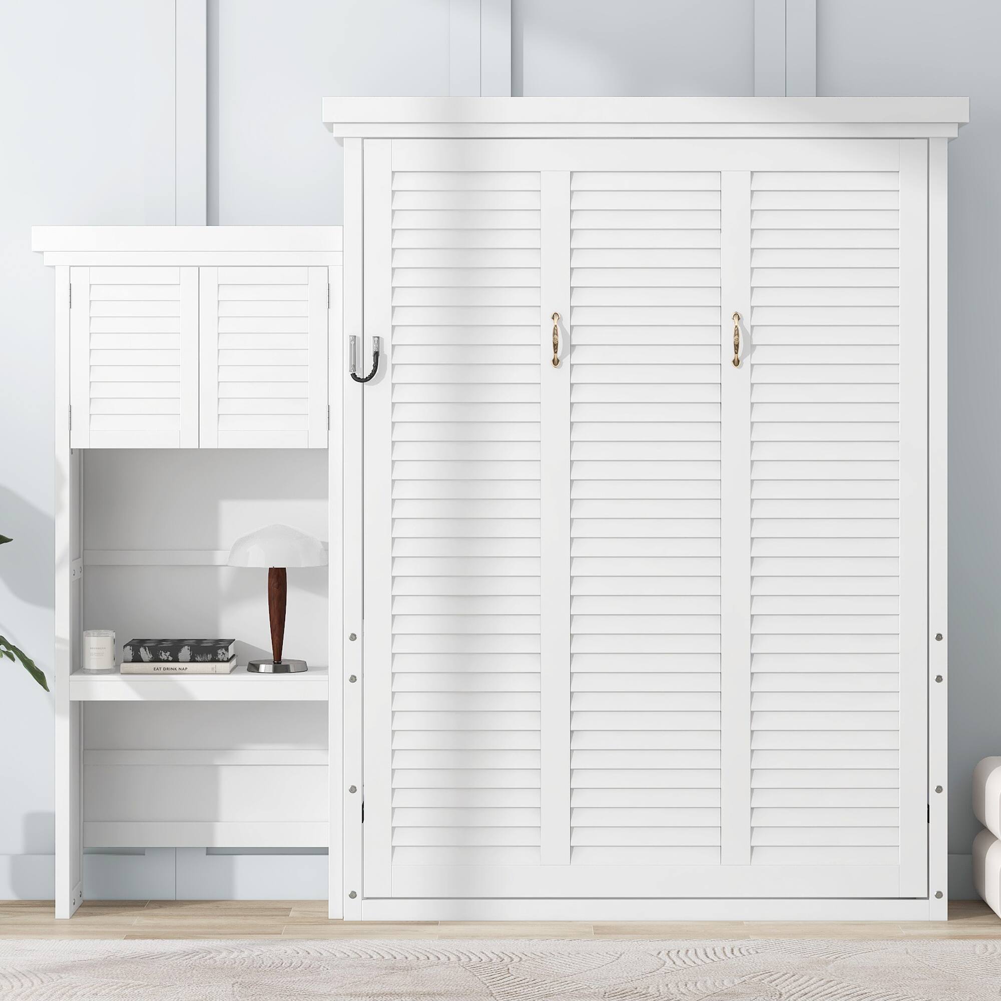 Angle. Whisen - Queen Size Murphy Bed, Space-Saving Folding Bed Frame with Integrated Storage Shelves, Louvered Design - White.