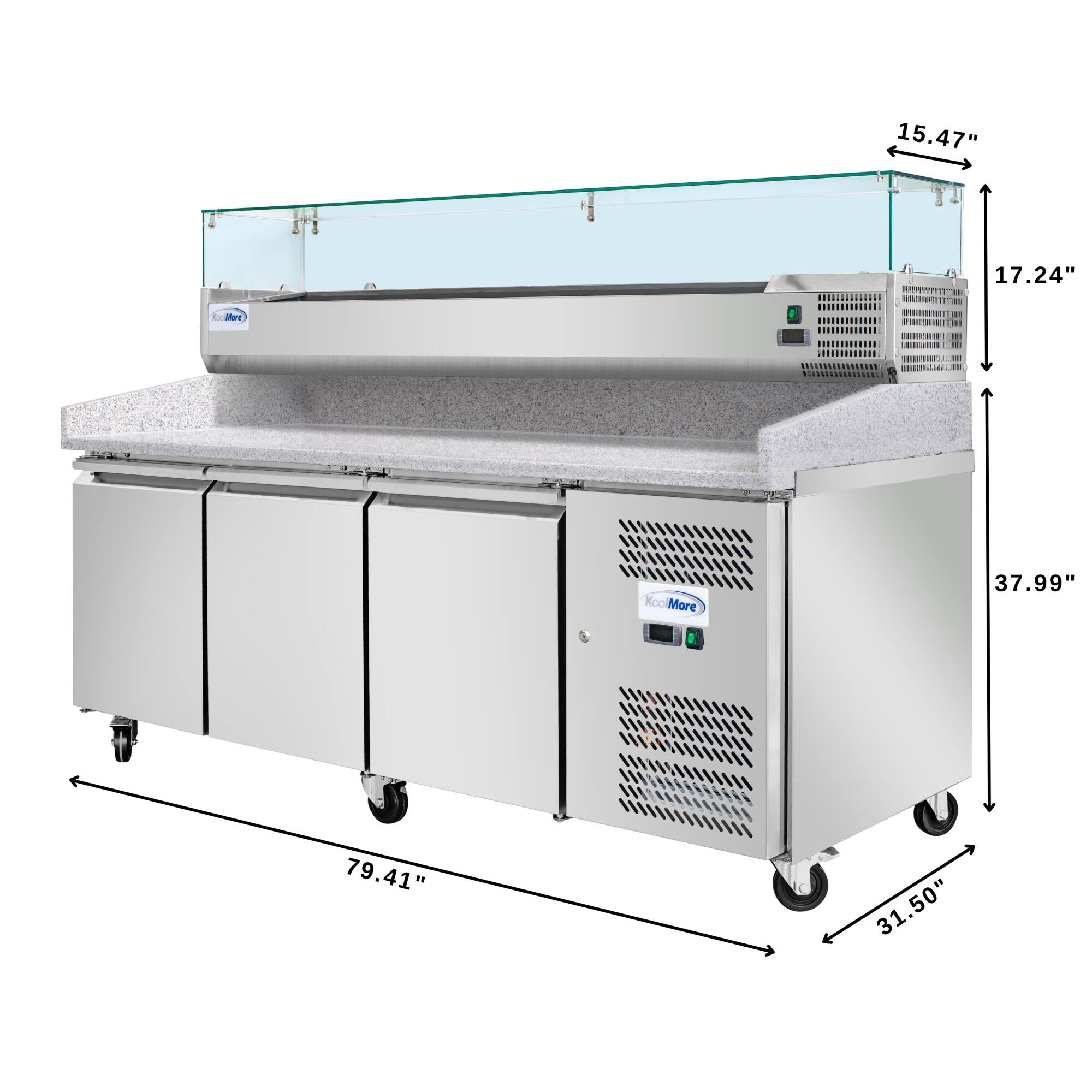 The text on the image reads: "15.47" 17.24" Ro PR Kool KoolMore 37.99" 79.41" 31.50". This text describes the dimensions of the refrigerator, which is 15.47 inches wide, 17.24 inches deep, and 37.99 inches tall. The refrigerator also has a cooling system called KoolMore, which helps maintain the desired temperature inside.