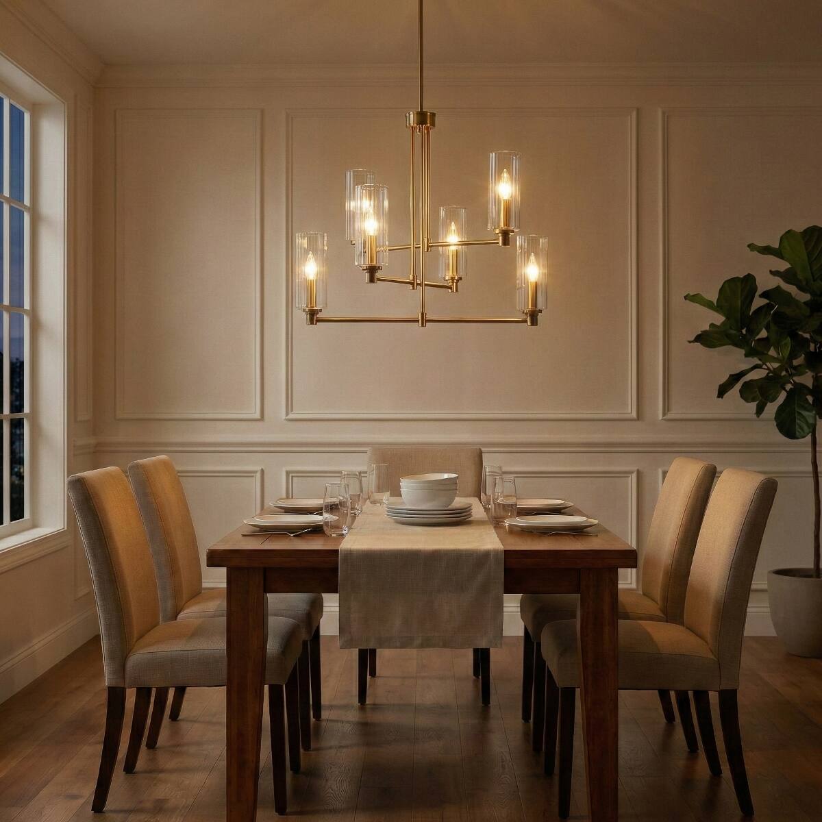 Front. Loheer - Loheer Six Light Chandelier With Clear Ribbed Glass Satin Brass Finish.