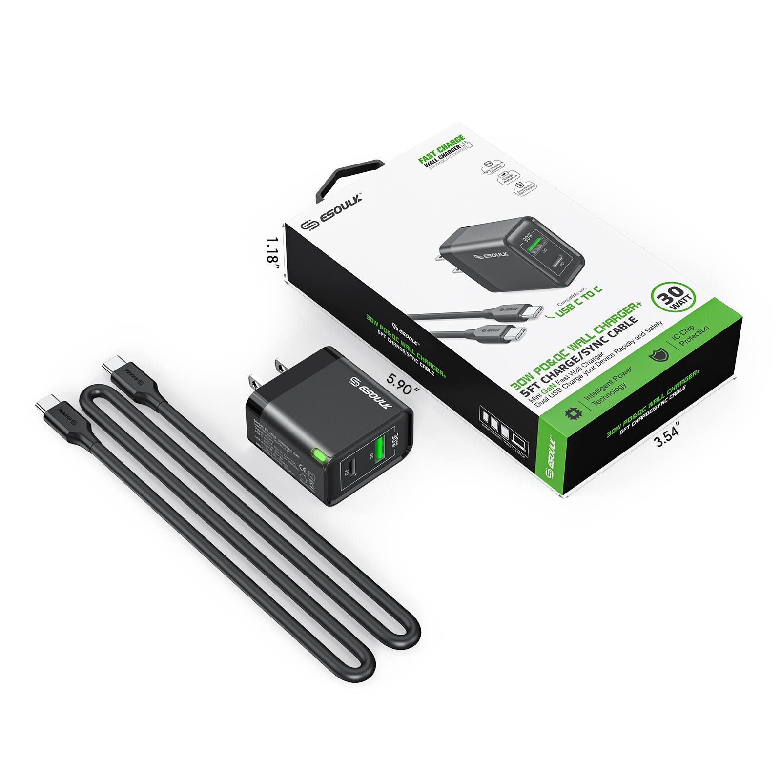 1.18" FAST CHARGER WALL CHARGER+ CABLE 30 WATT USB CHARGER+ CABLE 5FT Charge/Sync and Charge your device with Power 5.90 ESOULK/SPLA 3.54" 3 5