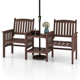 Costway - Outdoor Fir Wood Loveseat with 2-Tier Side Table and 1.96" Umbrella Hole - Brown