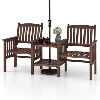 Front. Costway - Costway Outdoor Fir Wood Loveseat with 2-Tier Side Table and 1.96" Umbrella Hole - Brown.