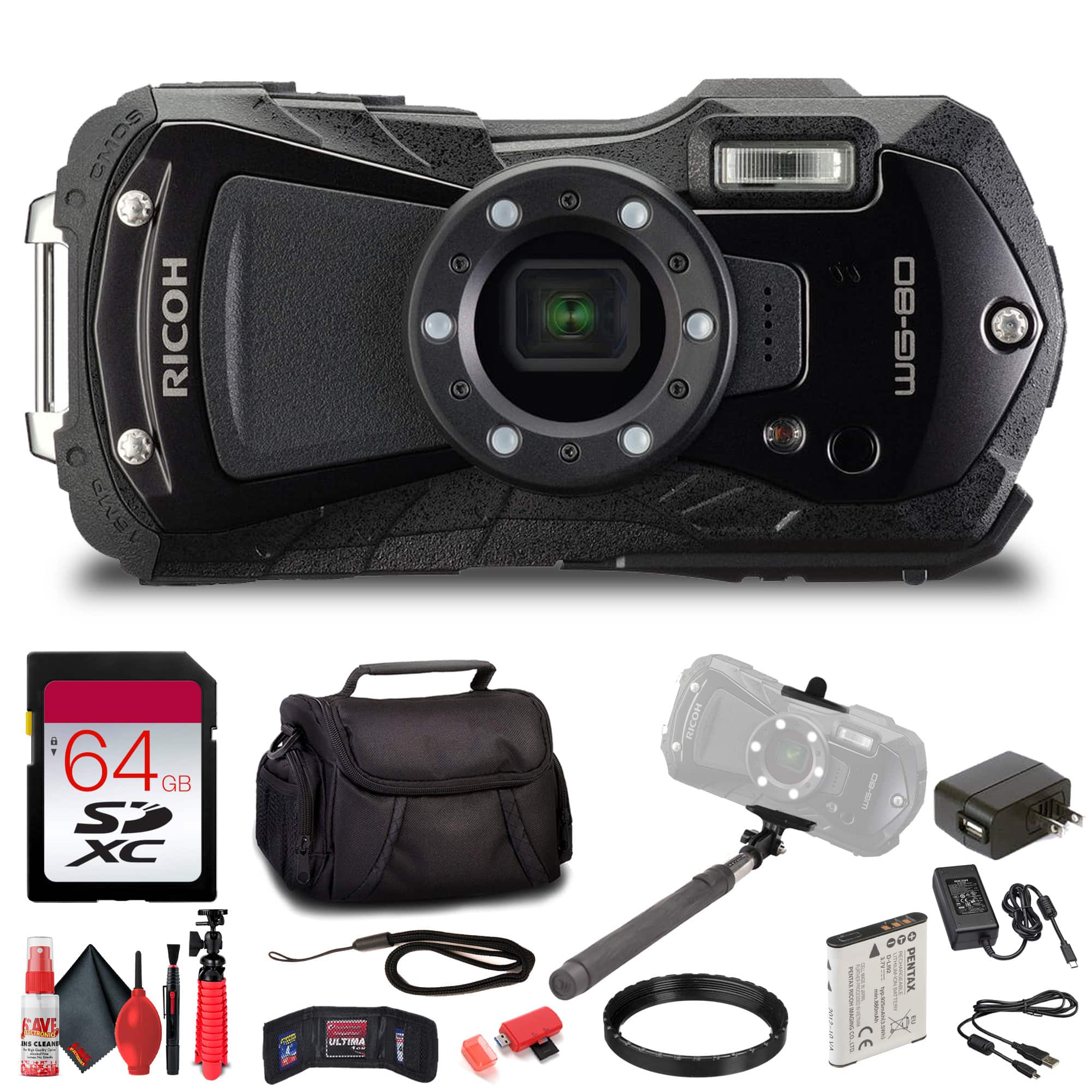 Ricoh - WG-80 Waterproof Camera (Black) with Accessories (International Model)