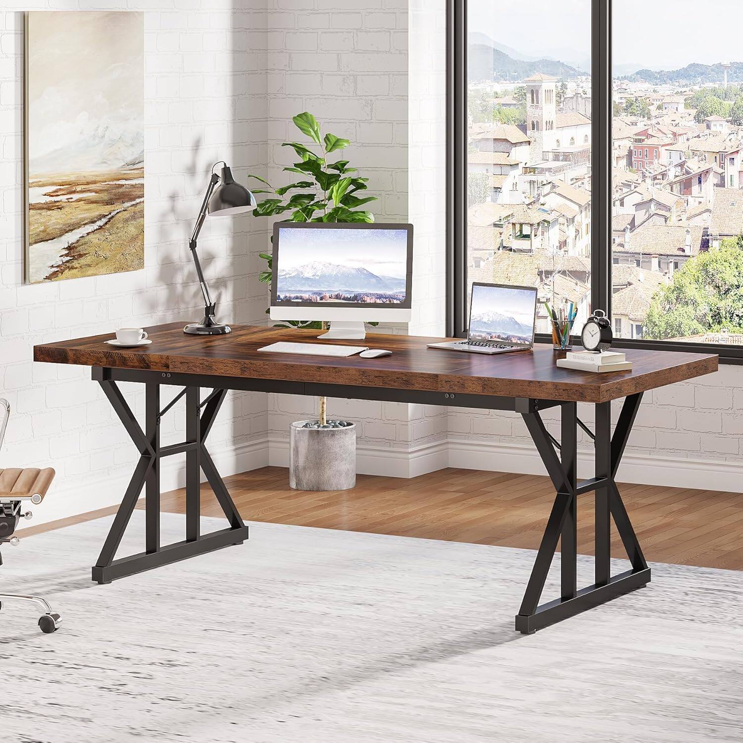 Back. Tribesigns - Office Executive Desk, For Computer Work and Writing in Home Offices and Everyday Organization - Brown.