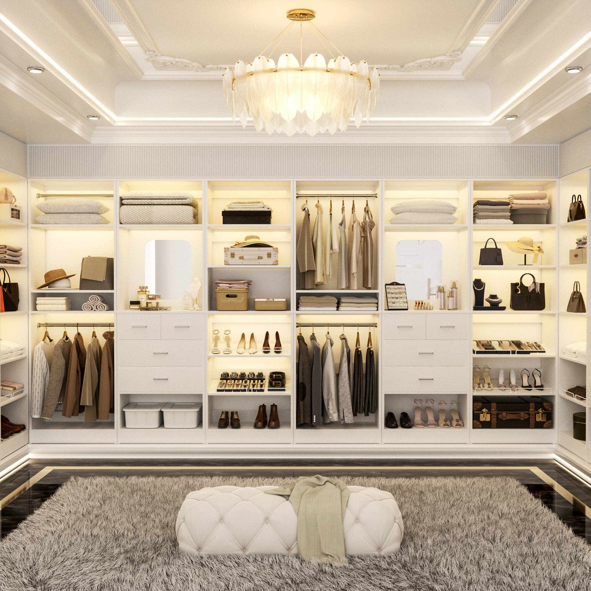 Back. Aheaplus - 75'' Wide Walk-in Closet Organizer System, All-in-One Storage System with Drawers, Hanging Rods and Shelves - White.