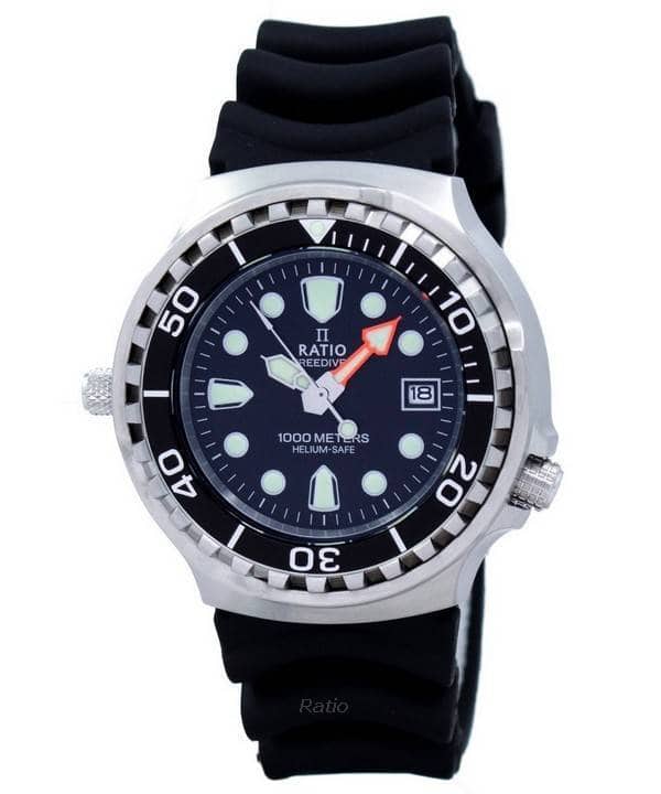 RATIO - FreeDiver Helium Safe 1000M Quartz 1038EF102V Mens Watch Sapphire Crystal - Black/Silver