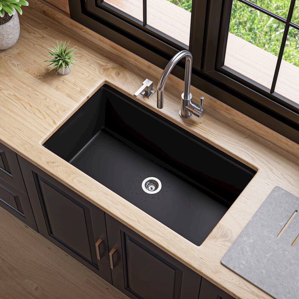 Back. Alfi - Black 33" Granite Composite Workstation Step Rim Single Bowl Undermount Sink - Black.