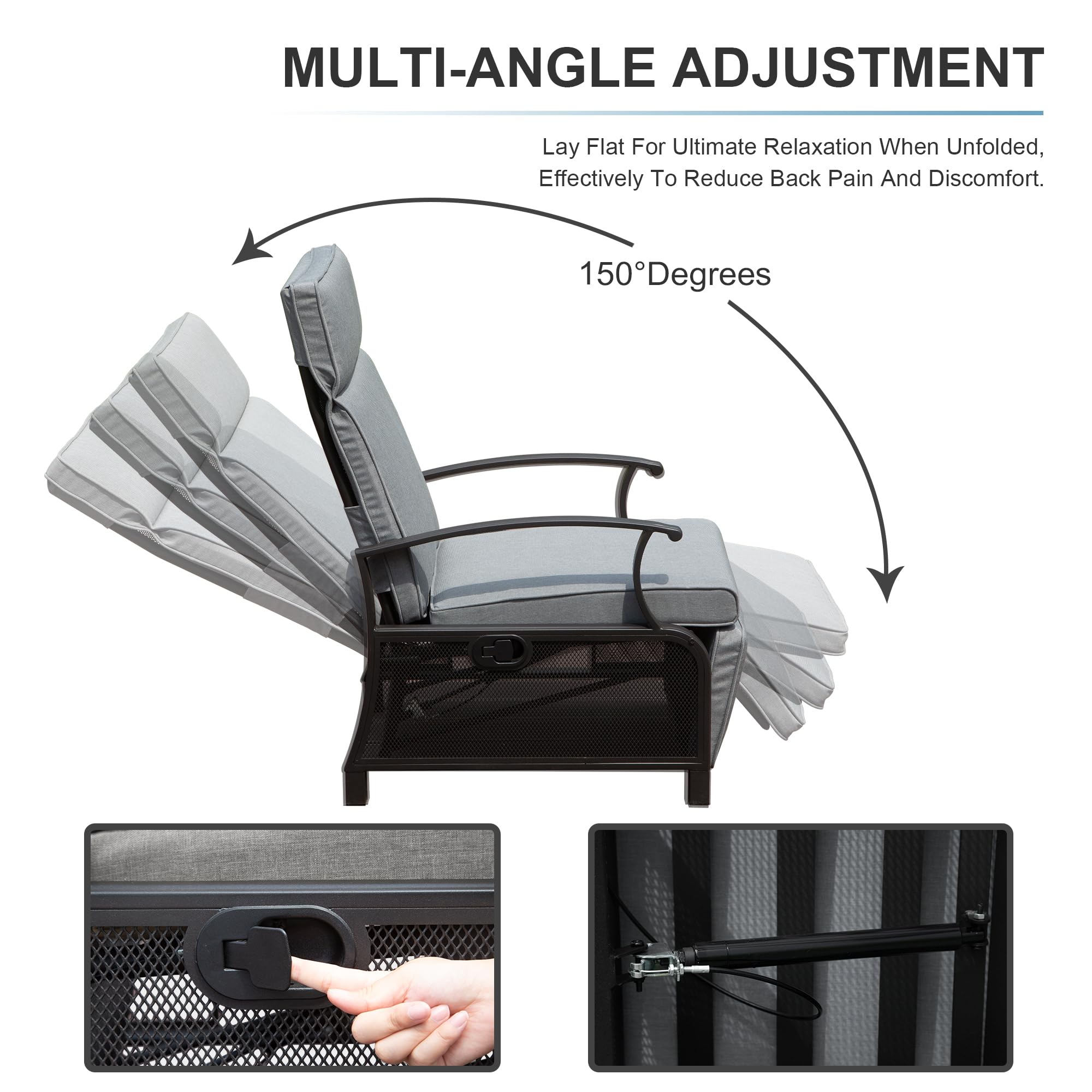 MULTI-ANGLE ADJUSTMENT

Lay Flat For Ultimate Relaxation When Unfolded, Effectively To Reduce Back Pain And Discomfort.

150° Degrees